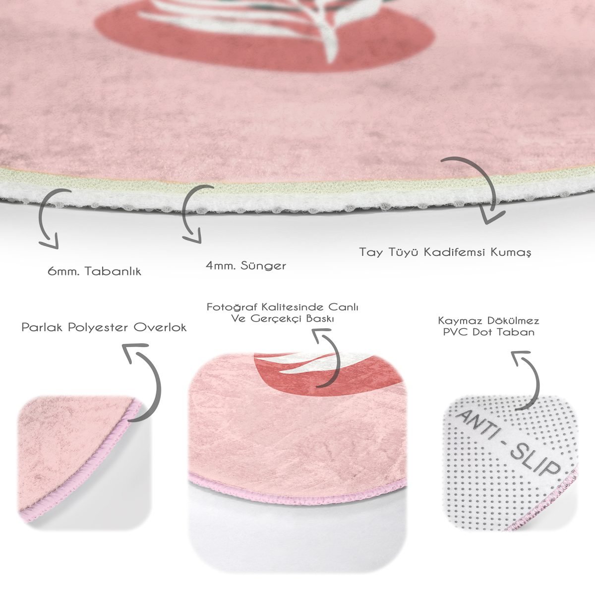 Pembe Zemin Yaprak Çizimli Onedraw Temalı Modern Mutfak Yıkanabilir Kaymaz Tabanlı Yuvarlak Halı Realhomes