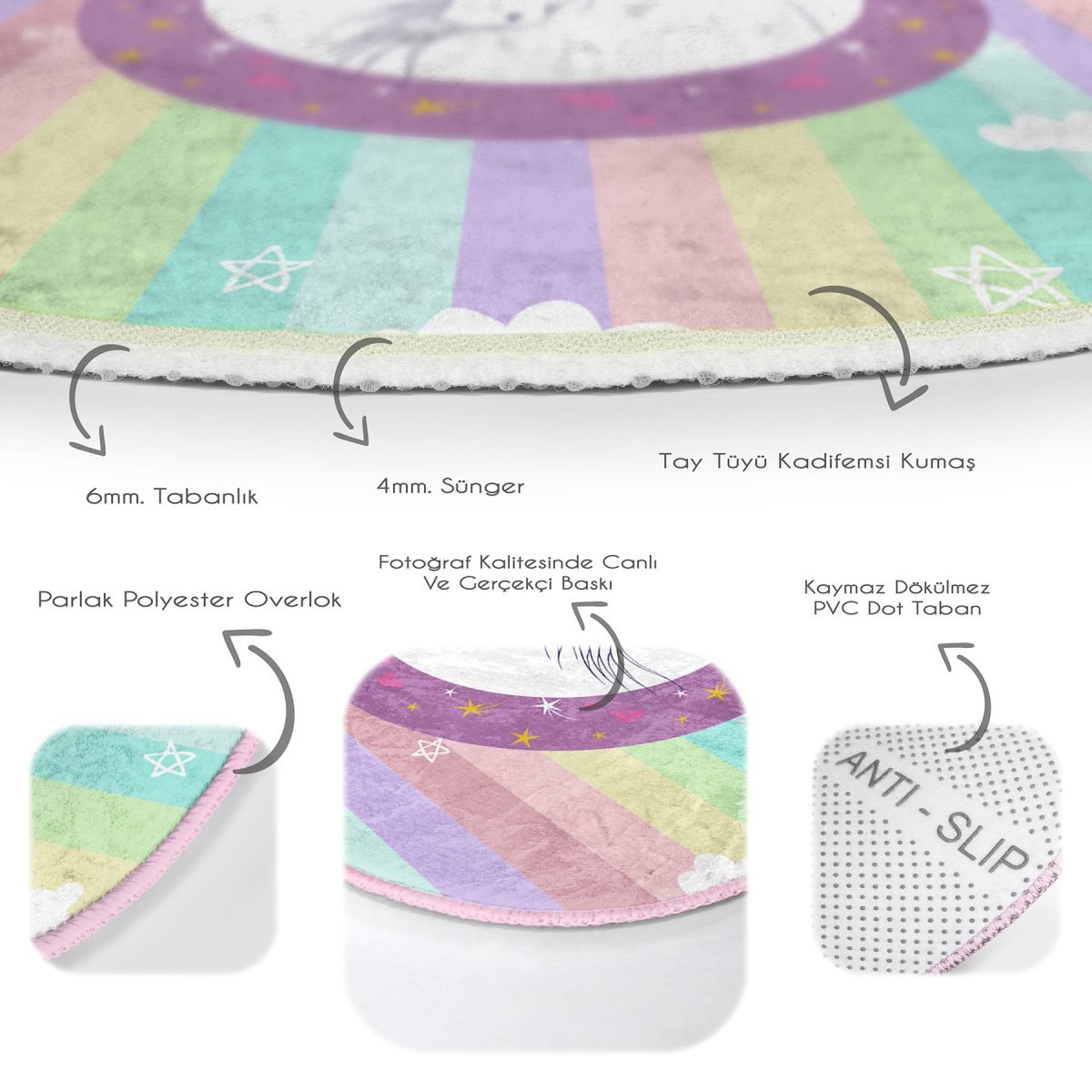 Renkli Çizgili Unicorn Temalı Çocuk & Genç Odası Makinede Yıkanabilir Kaymaz Tabanlı Yuvarlak Çocuk Halısı Realhomes