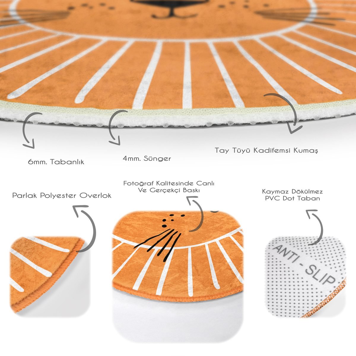 Turuncu Aslan Tasarımlı Çocuk & Genç Odası Makinede Yıkanabilir Kaymaz Tabanlı Yuvarlak Çocuk Halısı Realhomes