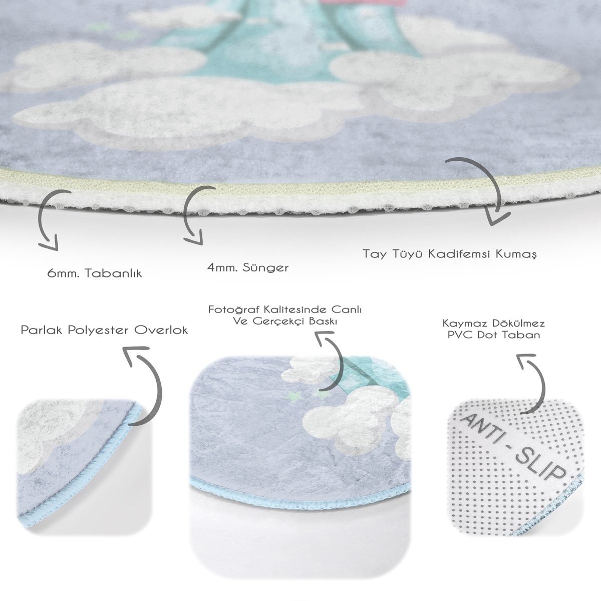Mavi Bulutların Üzerinde Prenses Şatosu Çocuk & Genç Odası Makinede Yıkanabilir Kaymaz Tabanlı Yuvarlak Çocuk Halısı Realhomes