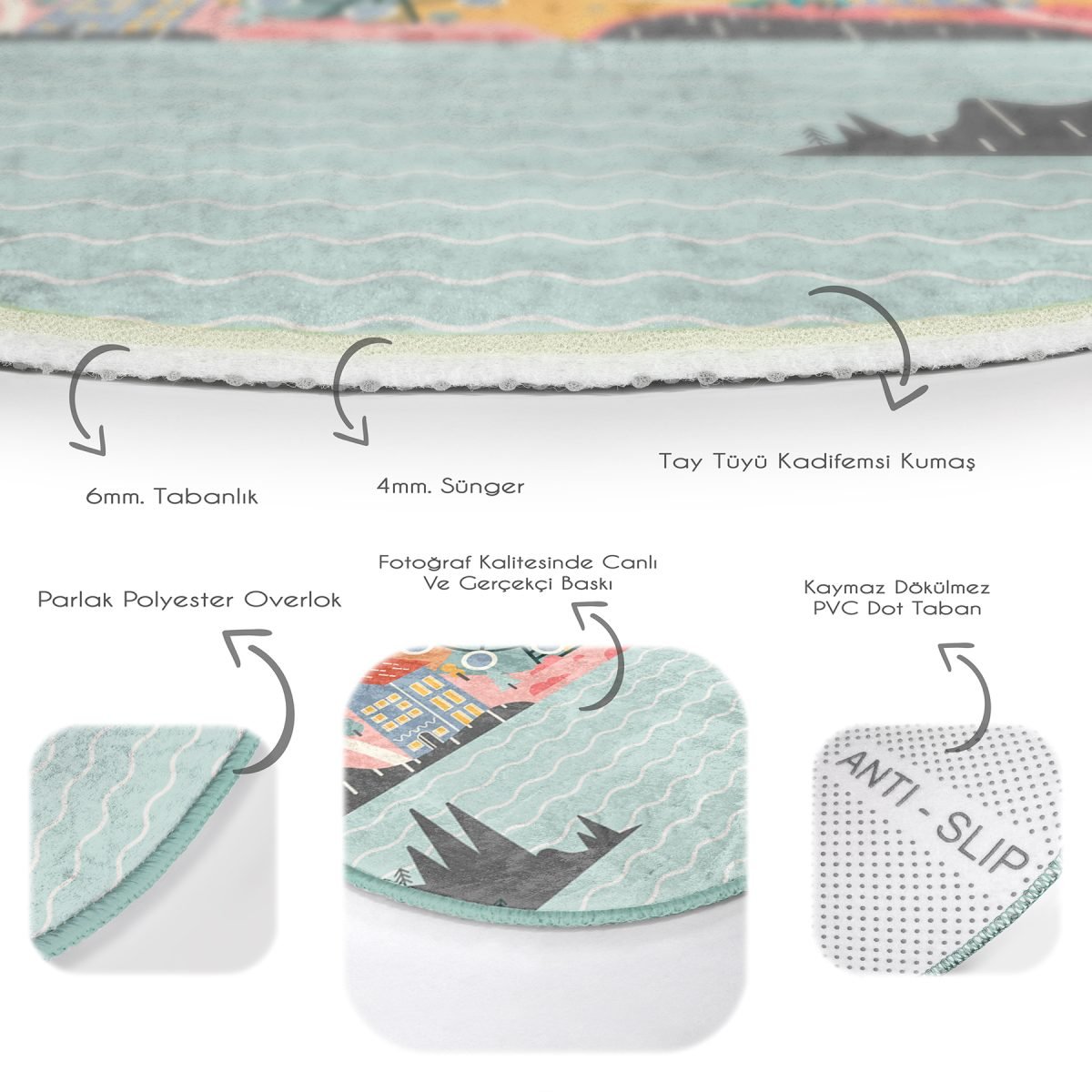 Renkli Mahalle Tasarımlı Oyun Yollu Çocuk & Genç Odası Makinede Yıkanabilir Kaymaz Tabanlı Yuvarlak Çocuk Oyun Halısı Realhomes