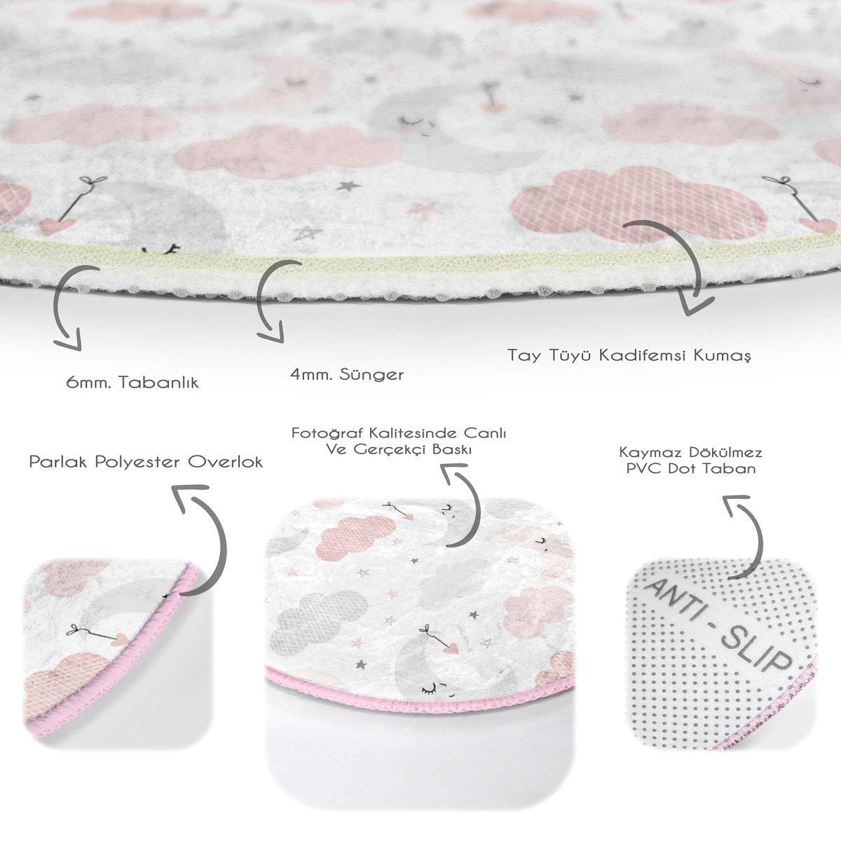 Renkli Ay Bulut Motifli Çocuk & Genç Odası Makinede Yıkanabilir Kaymaz Tabanlı Yuvarlak Çocuk Halısı Realhomes