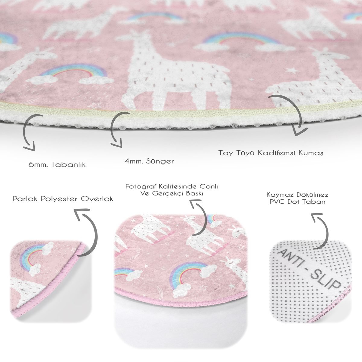 Pembe Zeminde Lama Ve Gök Kuşağı Çocuk & Genç Odası Makinede Yıkanabilir Kaymaz Tabanlı Yuvarlak Çocuk Halısı Realhomes