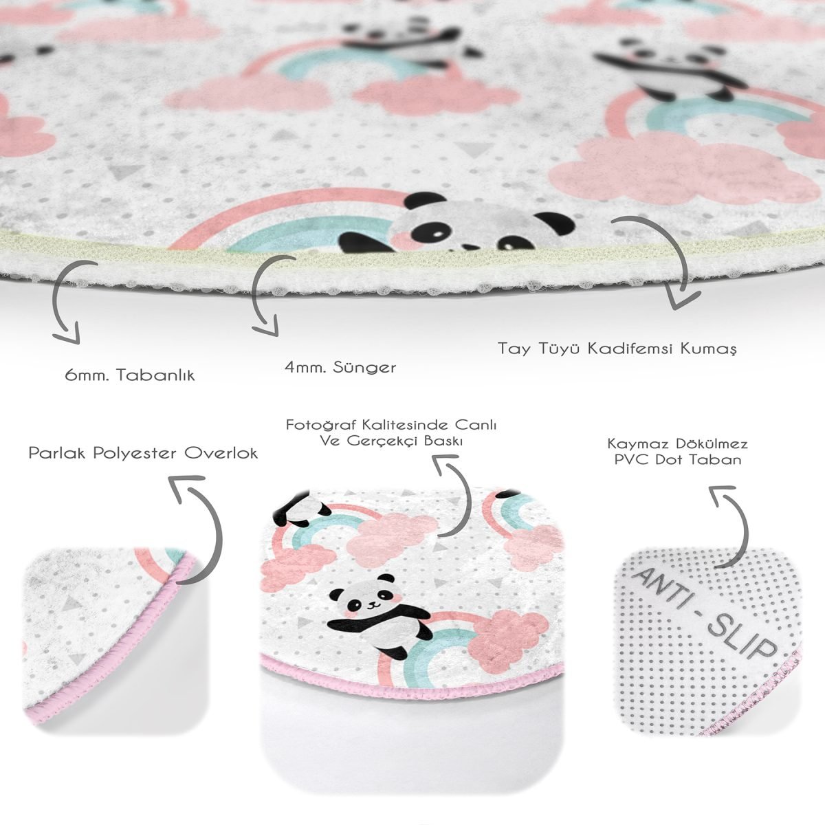 Gökkuşağı Ve Panda Çocuk & Genç Odası Makinede Yıkanabilir Kaymaz Tabanlı Yuvarlak Çocuk Halısı Realhomes