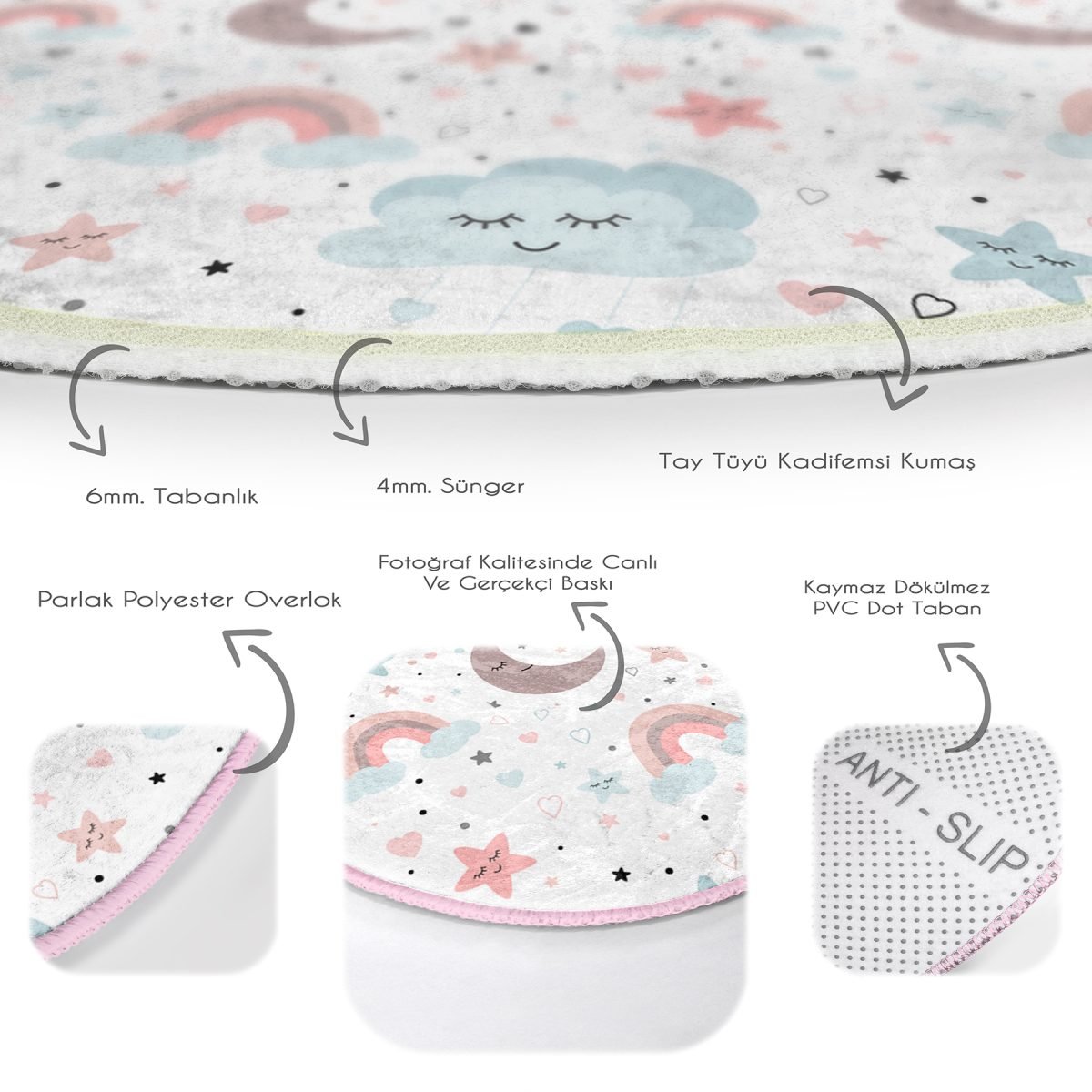 Ay Gökkuşağı Ve Yıldız Desenli Çocuk & Genç Odası Makinede Yıkanabilir Kaymaz Tabanlı Yuvarlak Çocuk Halısı Realhomes