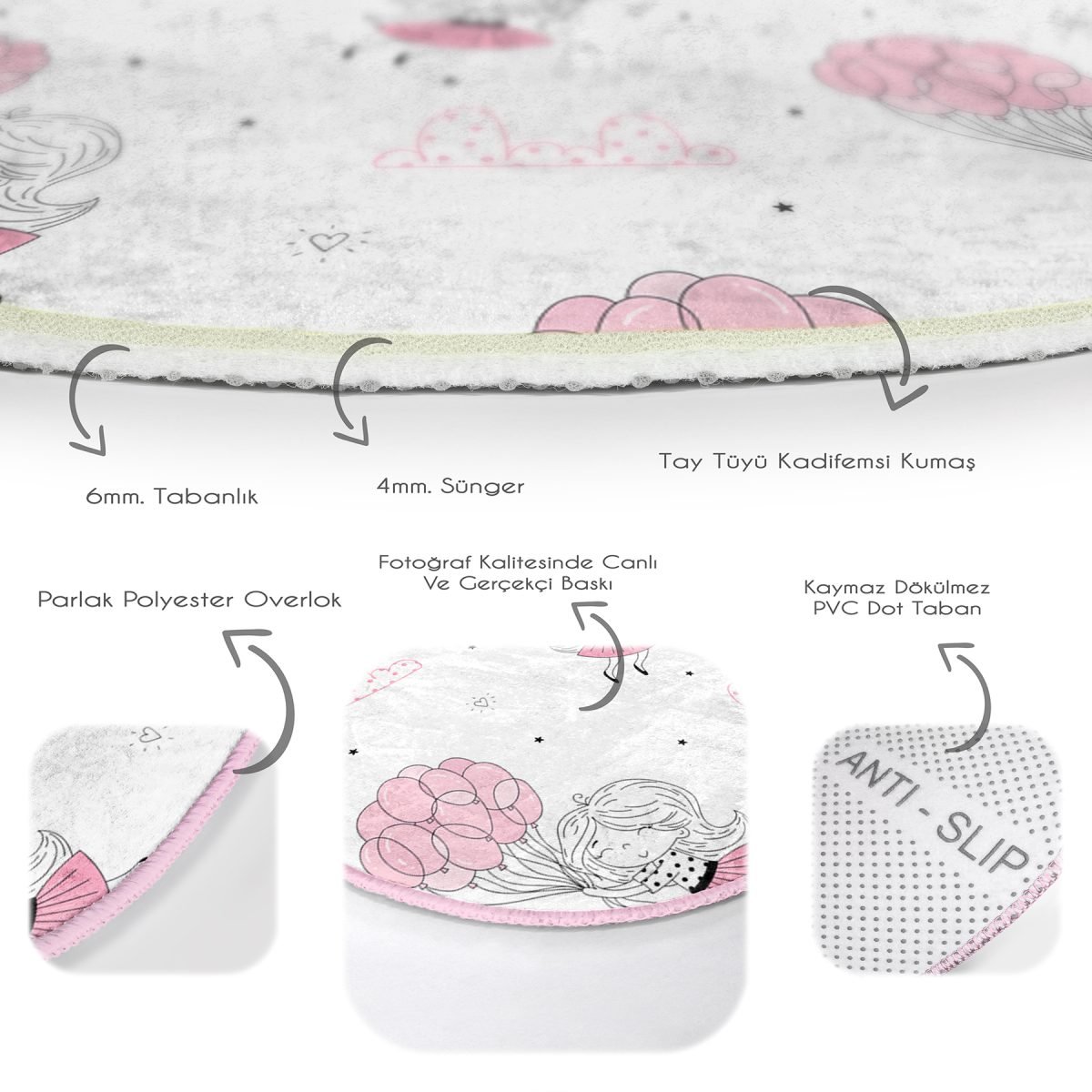 Balonlu Kız Motifli Çocuk & Genç Odası Makinede Yıkanabilir Kaymaz Tabanlı Yuvarlak Çocuk Halısı Realhomes