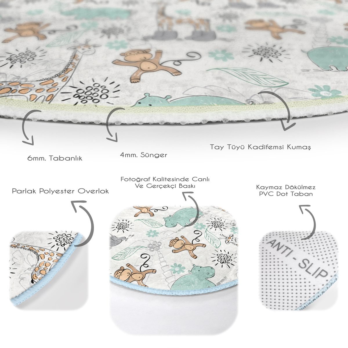 Sevimli Zürafa Ve Maymun Desenli Çocuk & Genç Odası Makinede Yıkanabilir Kaymaz Tabanlı Yuvarlak Çocuk Halısı Realhomes
