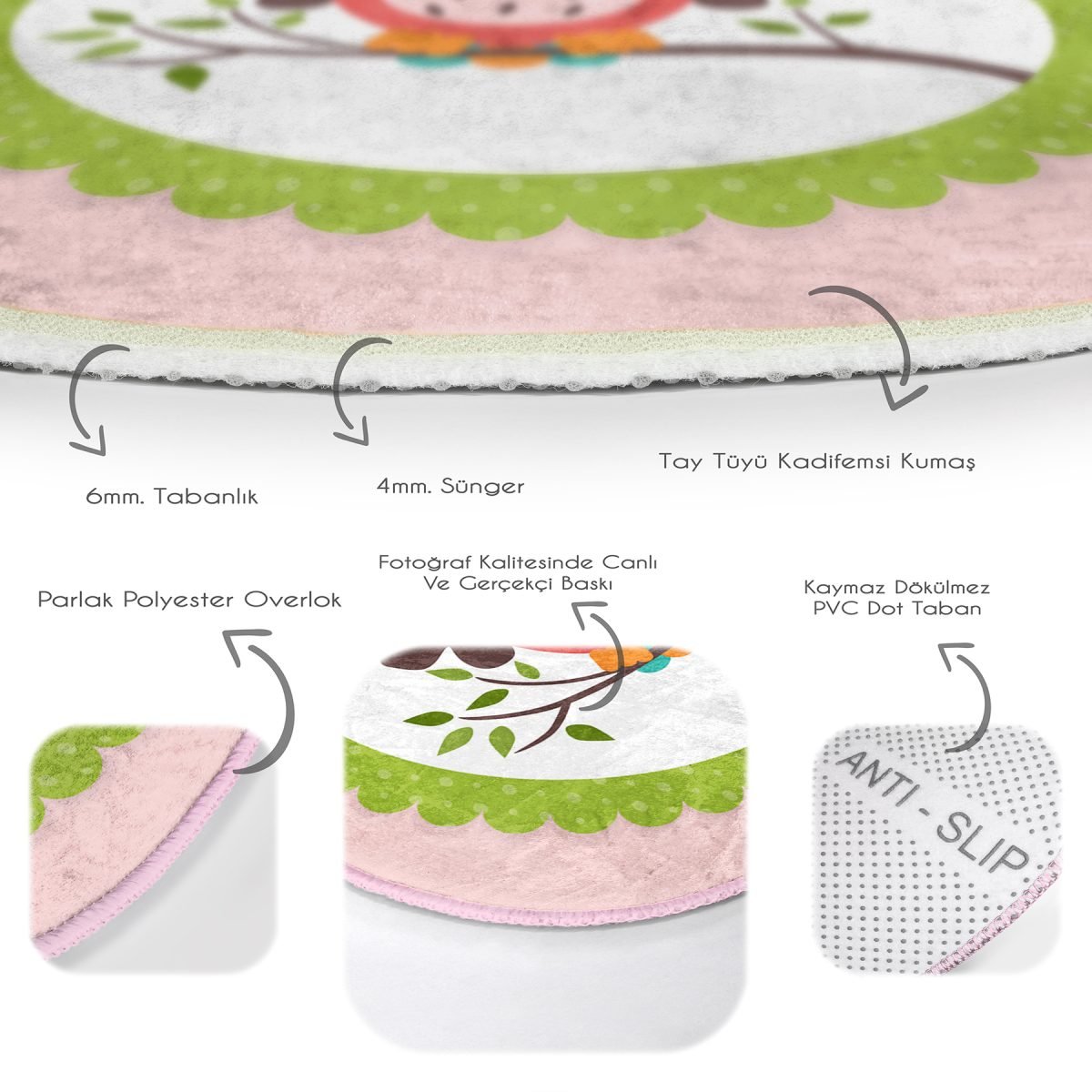 Baykuş Desenli Çocuk & Genç Odası Makinede Yıkanabilir Kaymaz Tabanlı Yuvarlak Çocuk Halısı Realhomes