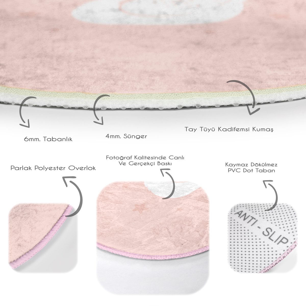 Pembe Zeminli Kuğu Desenli Çocuk & Genç Odası Makinede Yıkanabilir Kaymaz Tabanlı Yuvarlak Çocuk Halısı Realhomes