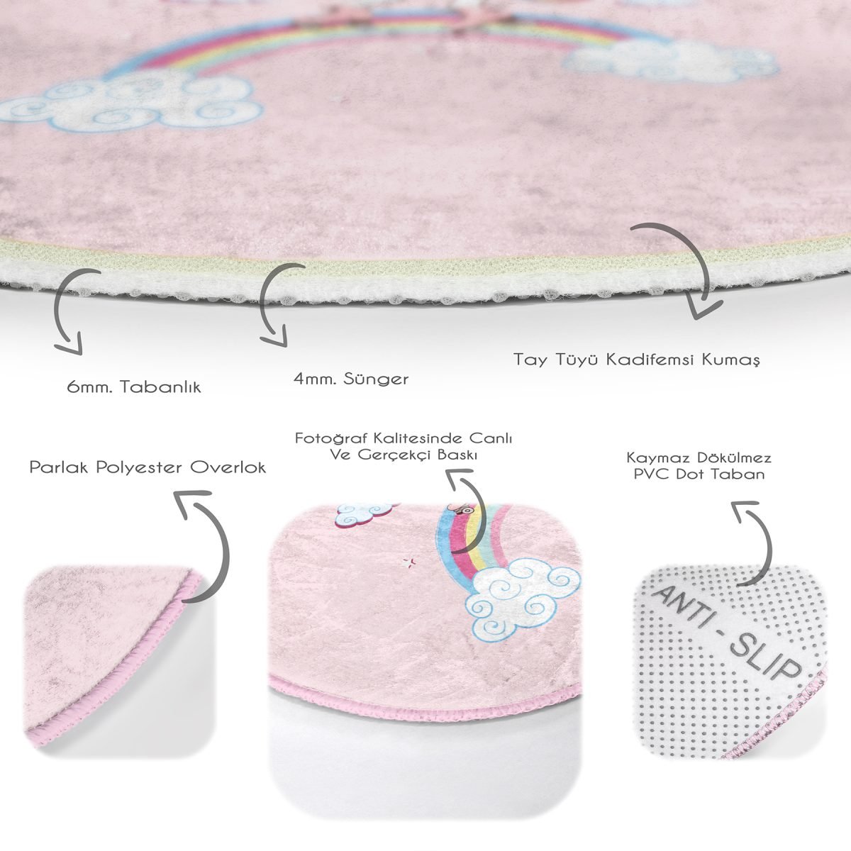Pembe Zeminde Unicorn At Desenli Çocuk & Genç Odası Makinede Yıkanabilir Kaymaz Tabanlı Yuvarlak Çocuk Halısı Realhomes