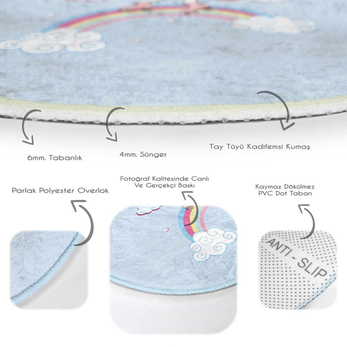 Mavi Zeminde Unicorn At Desenli Çocuk & Genç Odası Makinede Yıkanabilir Kaymaz Tabanlı Yuvarlak Çocuk Halısı Realhomes