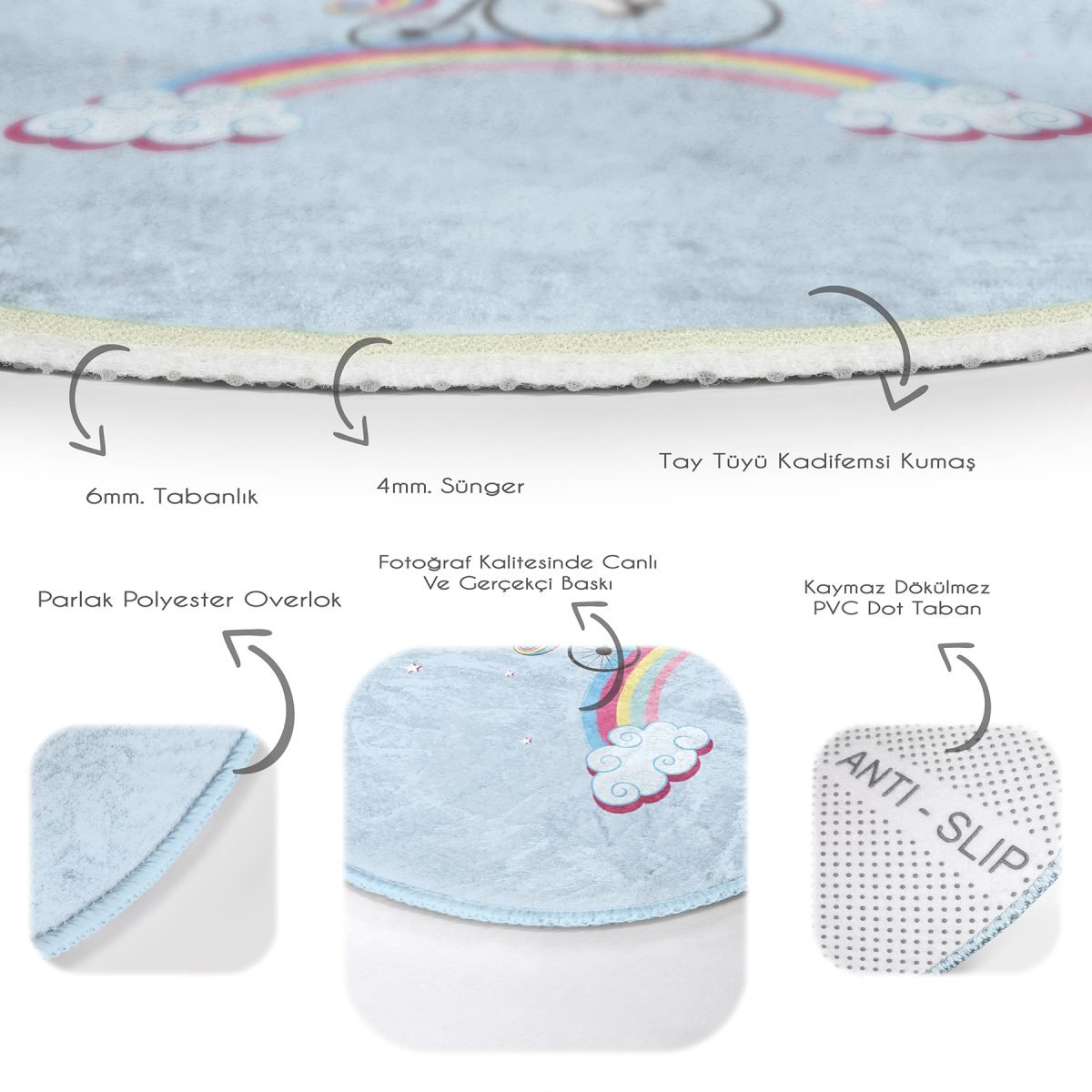 Mavi Zeminde Bisiklet Ve Unicorn Tasarımlı Çocuk & Genç Odası Makinede Yıkanabilir Kaymaz Tabanlı Yuvarlak Çocuk Halısı Realhomes
