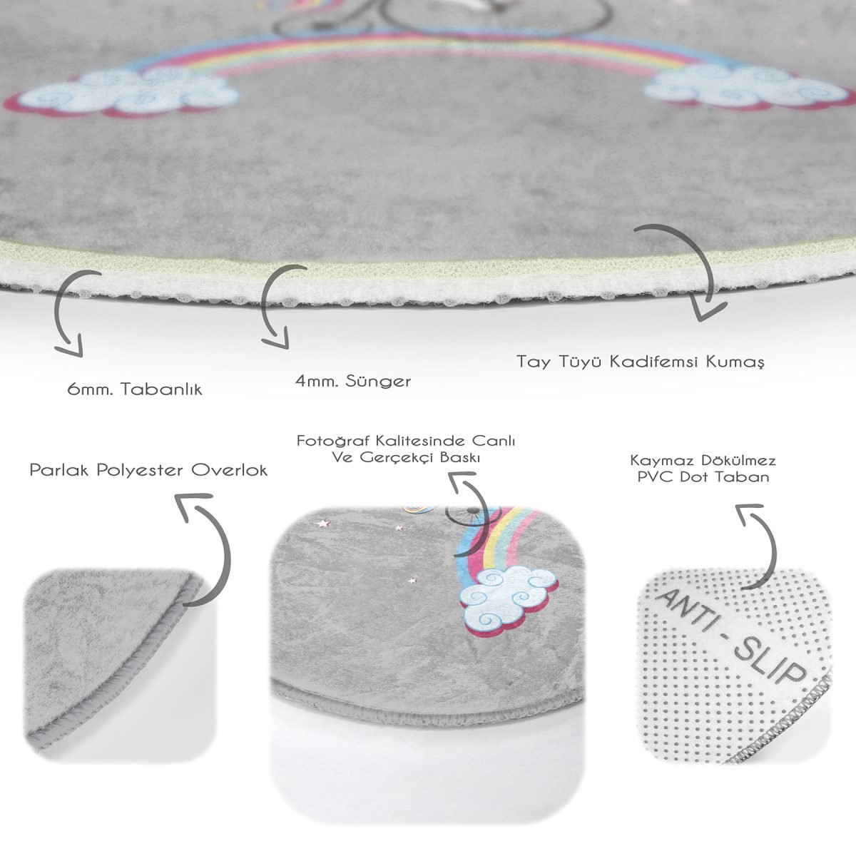 Gri Zeminde Bisiklet Ve Unicorn Tasarımlı Çocuk & Genç Odası Makinede Yıkanabilir Kaymaz Tabanlı Yuvarlak Çocuk Halısı Realhomes