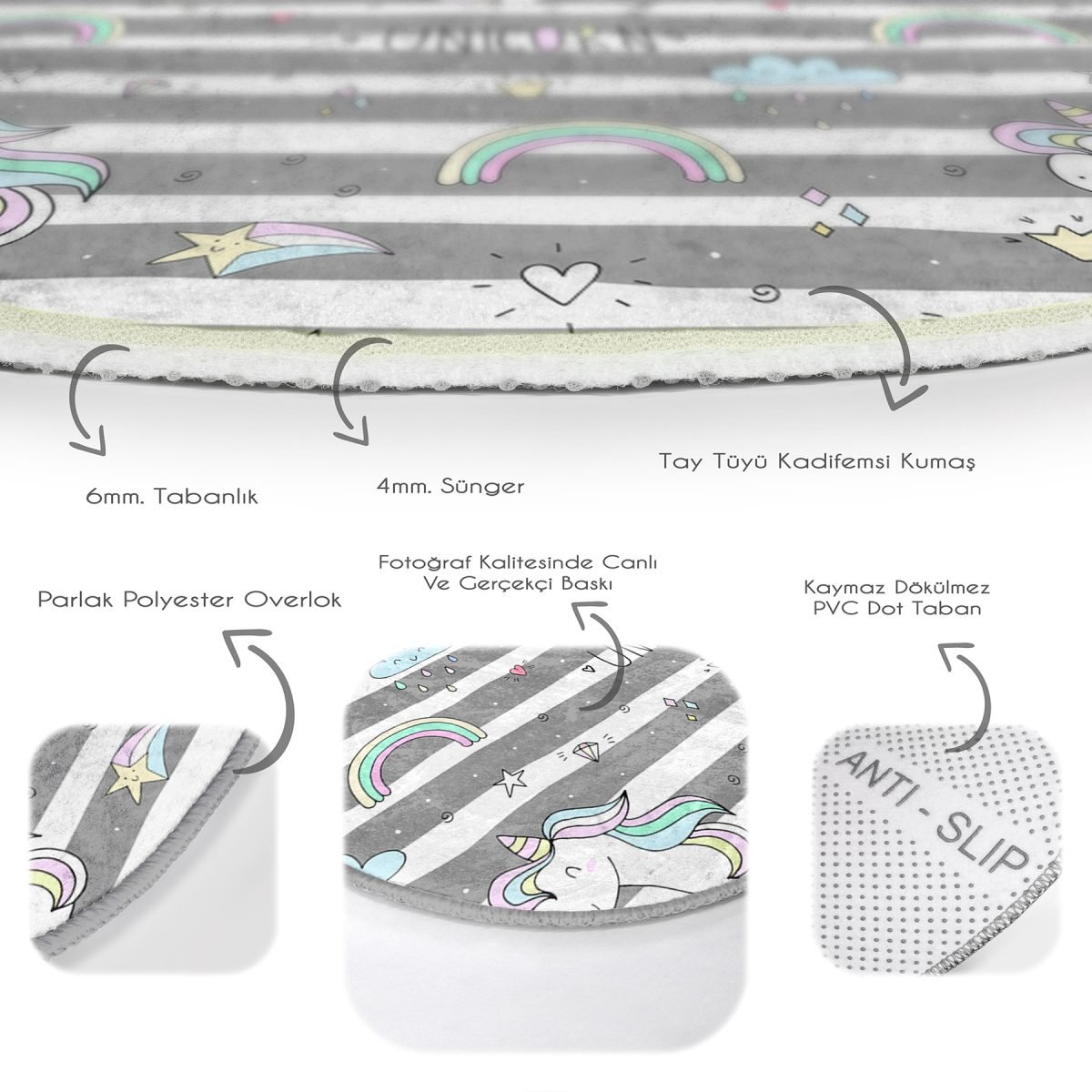 Gri Beyaz Çizgili Unicorn Atlar Çocuk & Genç Odası Makinede Yıkanabilir Kaymaz Tabanlı Yuvarlak Çocuk Halısı Realhomes