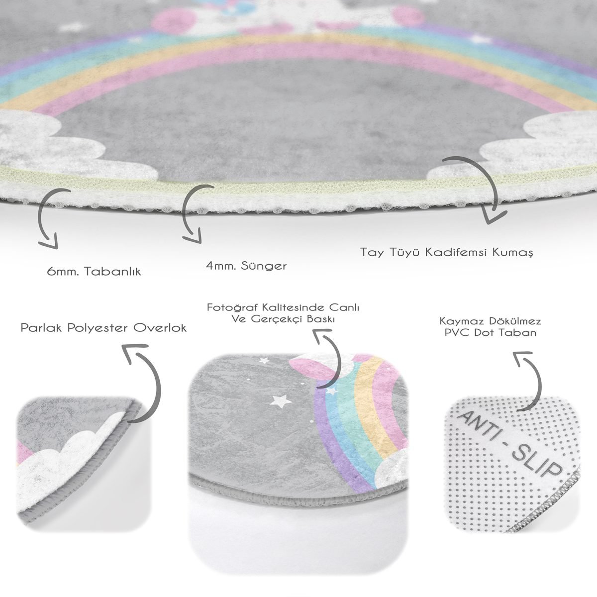 Gri Zeminde Unicorn Tasarımlı Çocuk & Genç Odası Makinede Yıkanabilir Kaymaz Tabanlı Yuvarlak Çocuk Halısı Realhomes