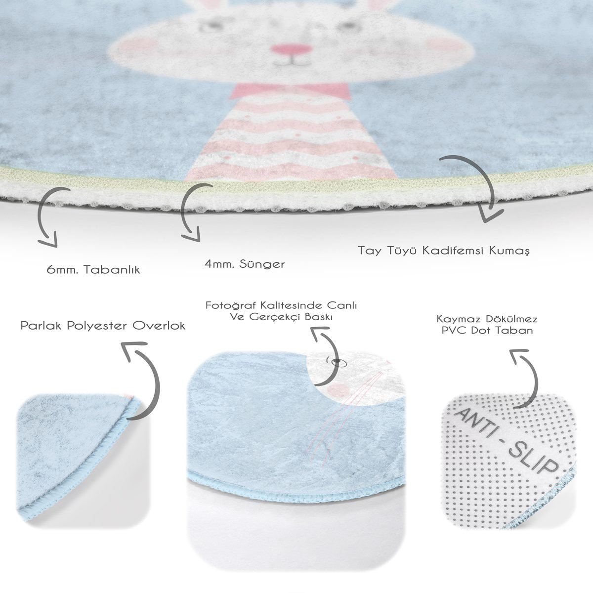 Mavi Zemin Sevimli Tavşan Ve Leylek Desenli Çocuk & Genç Odası Makinede Yıkanabilir Kaymaz Tabanlı Yuvarlak Çocuk Halısı Realhomes