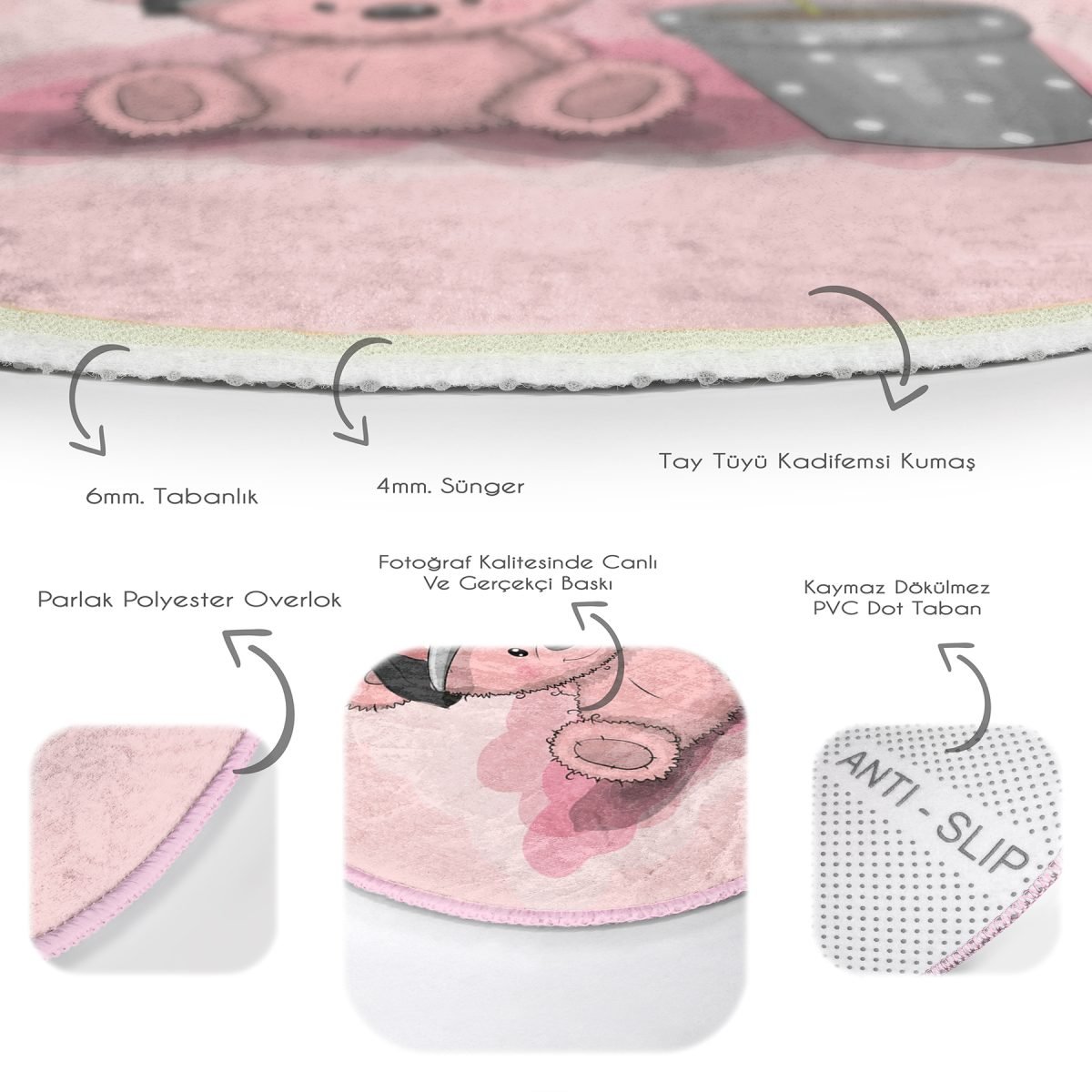 Çiçek Saksısı Ve Sevimli Ayıcık Desenli Çocuk & Genç Odası Makinede Yıkanabilir Kaymaz Tabanlı Yuvarlak Çocuk Halısı Realhomes