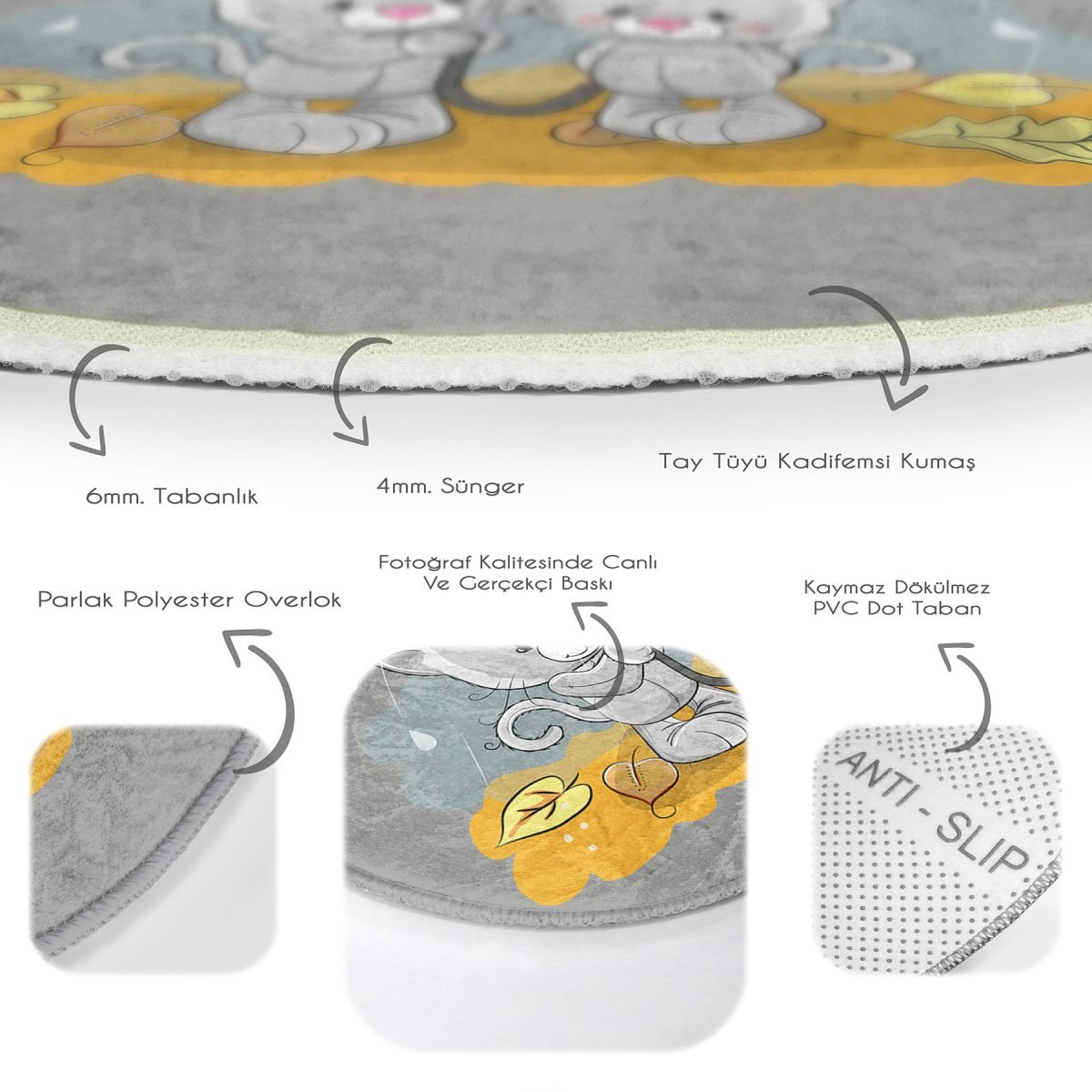 Şemsiye Tutan Sevimli Kedi Figürlü Çocuk & Genç Odası Makinede Yıkanabilir Kaymaz Tabanlı Yuvarlak Çocuk Halısı Realhomes