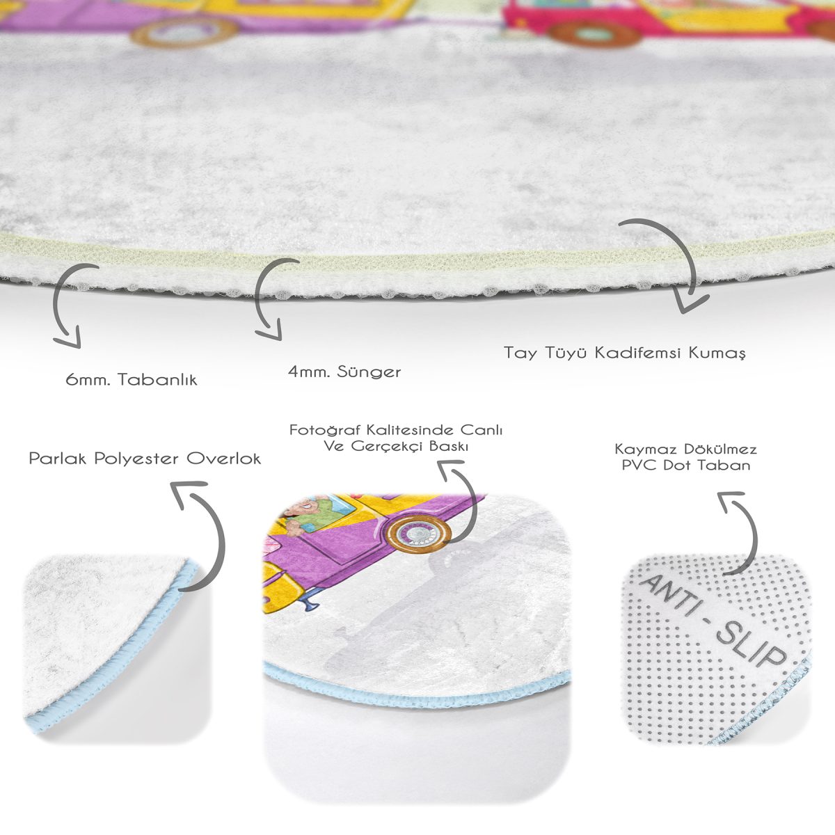 Karavanda Neşeli Aile Motifli Çocuk & Genç Odası Makinede Yıkanabilir Kaymaz Tabanlı Yuvarlak Çocuk Halısı Realhomes