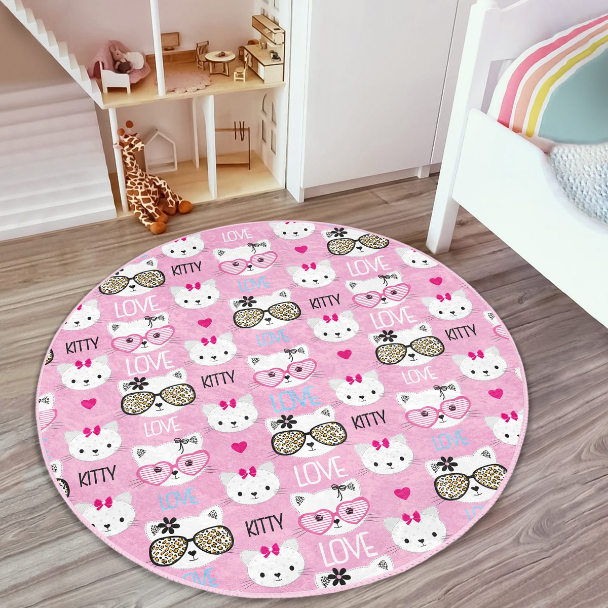 Hello Kitty Motifli Çocuk & Genç Odası Makinede Yıkanabilir Kaymaz Tabanlı Yuvarlak Çocuk Halısı Realhomes