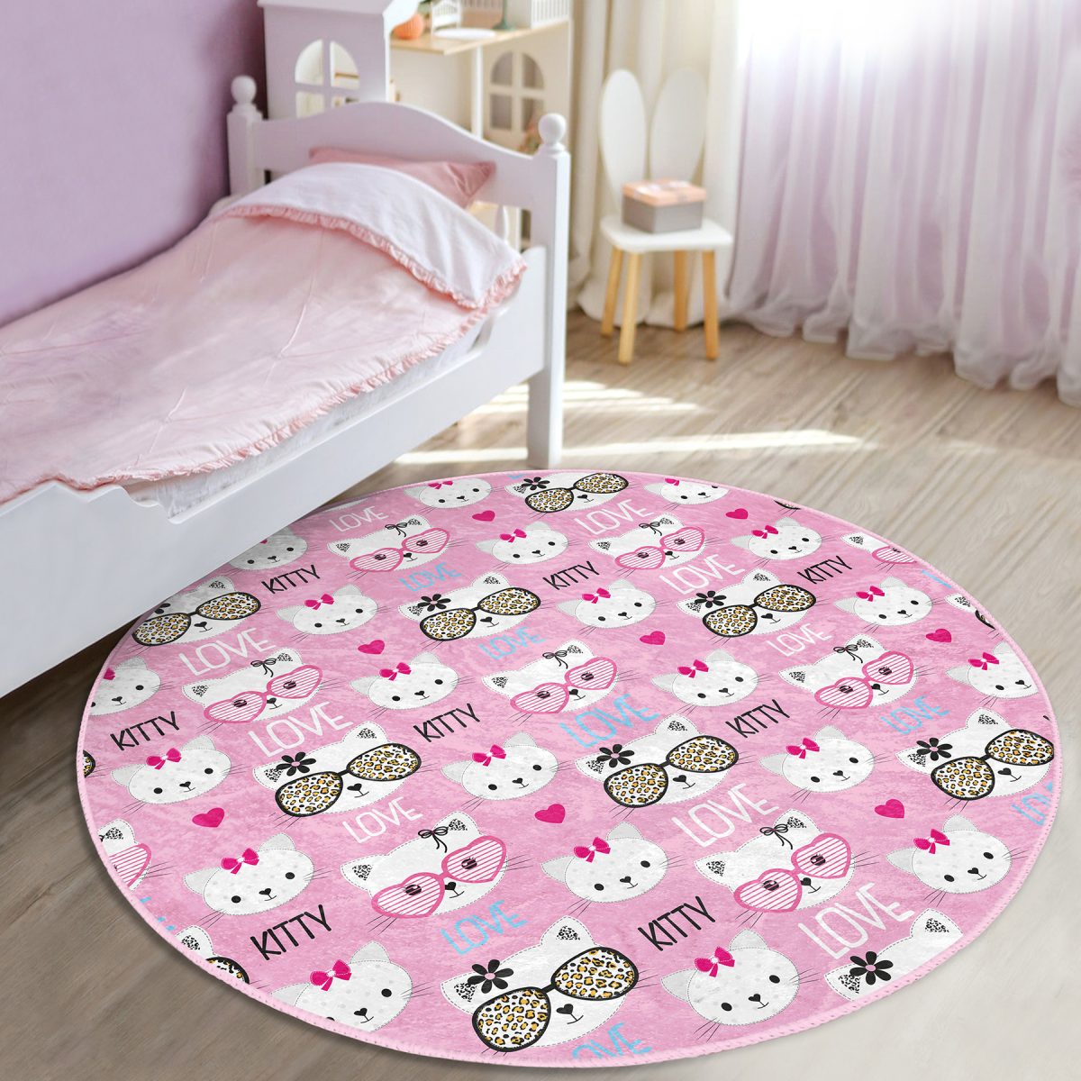 Hello Kitty Motifli Çocuk & Genç Odası Makinede Yıkanabilir Kaymaz Tabanlı Yuvarlak Çocuk Halısı Realhomes