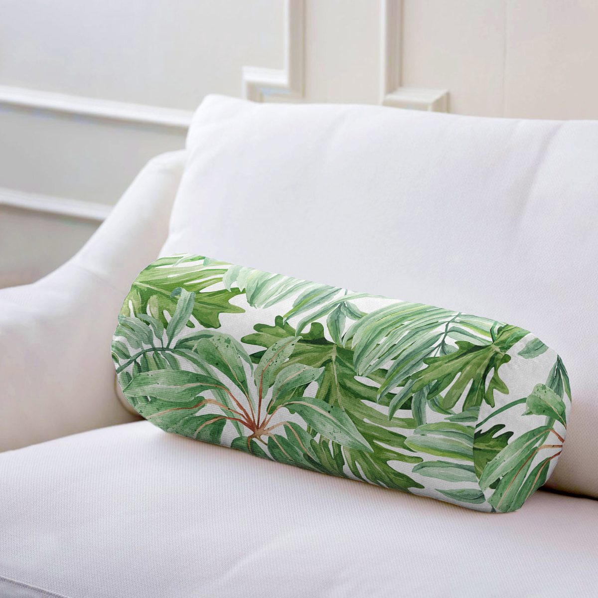 Beyaz Zemin Üzerinde Yeşil Yaprak Desenli Dijital Baskılı Modern İç Dolgulu - Fermuarlı Süet Silindir Rulo Yastık Kırlent Realhomes