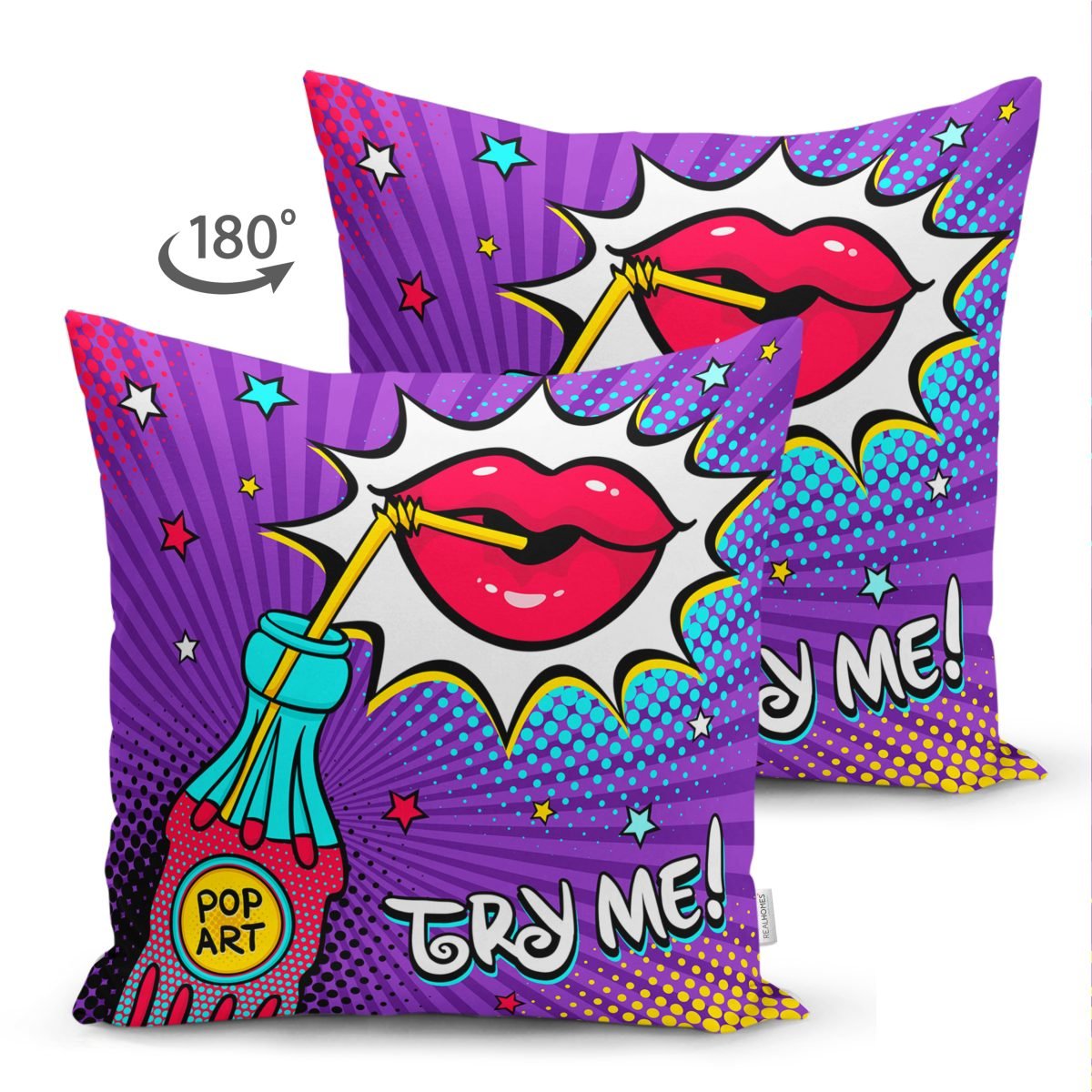 Çift Taraflı Try Me Pop Art Özel Tasarımlı Dijital Baskılı Modern Süet Yastık Kırlent Kılıfı Realhomes