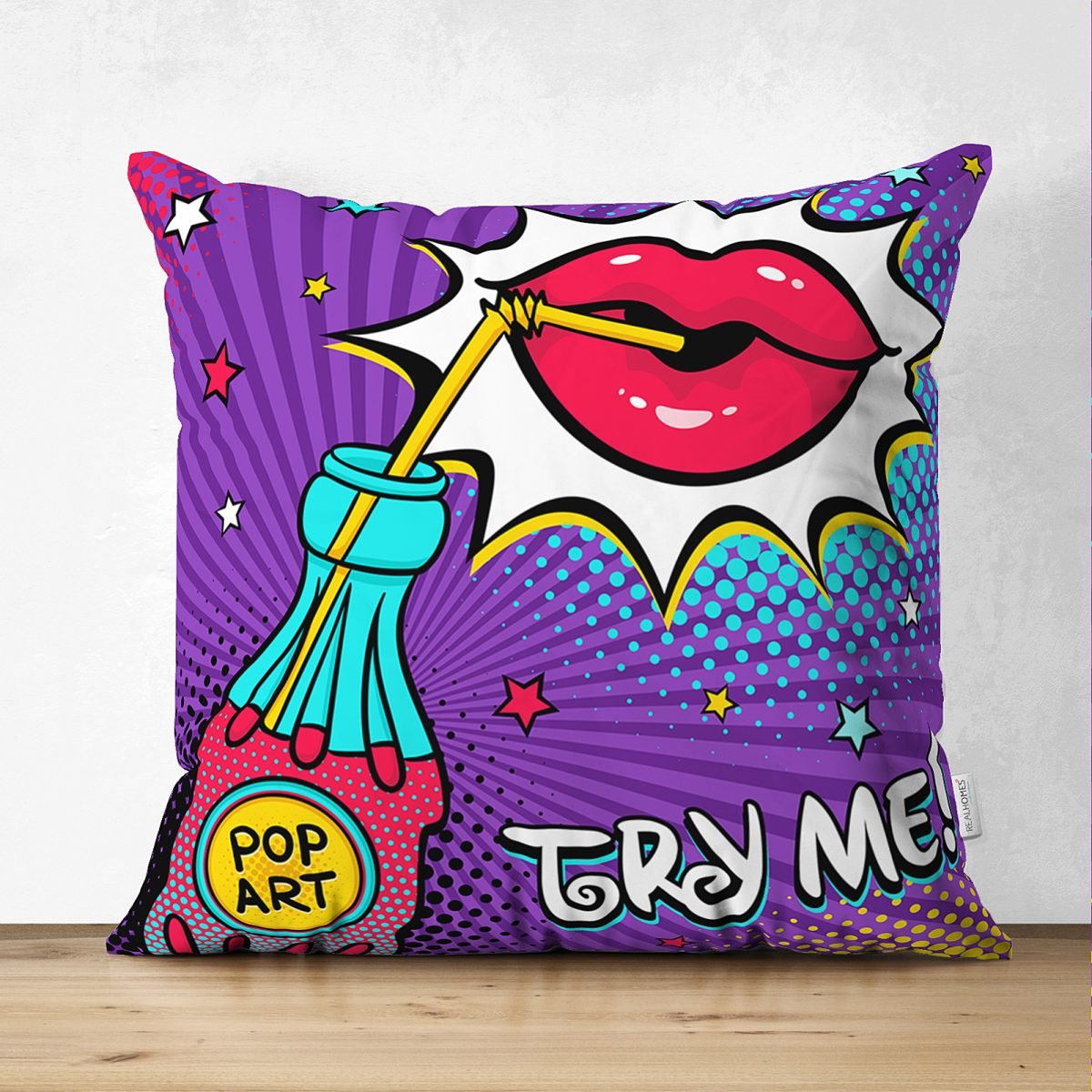 Çift Taraflı Try Me Pop Art Özel Tasarımlı Dijital Baskılı Modern Süet Yastık Kırlent Kılıfı Realhomes