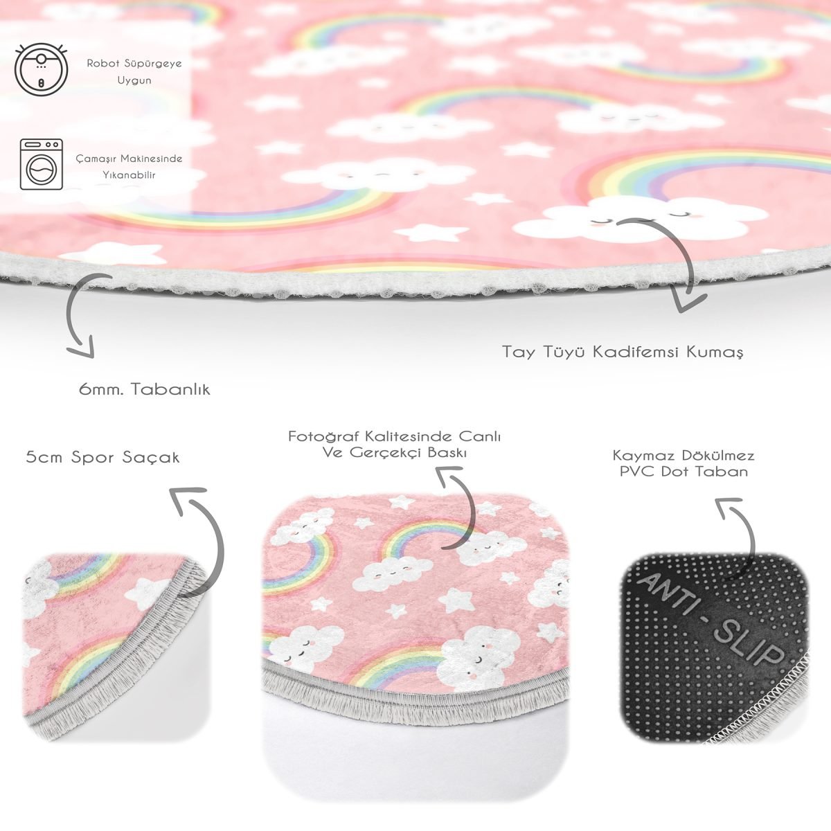 Pembe Zeminde Gökkuşağı Tasarımlı Çocuk & Genç Odası Makinede Yıkanabilir Kaymaz Tabanlı Püsküllü Yuvarlak Çocuk Halısı Realhomes
