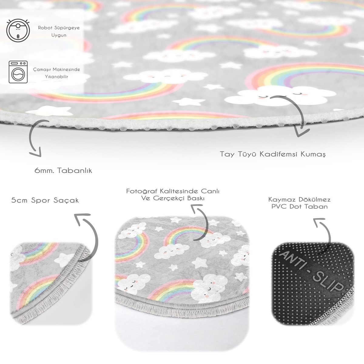 Gri Zeminde Gökkuşağı Tasarımlı Çocuk & Genç Odası Makinede Yıkanabilir Kaymaz Tabanlı Püsküllü Yuvarlak Çocuk Halısı Realhomes