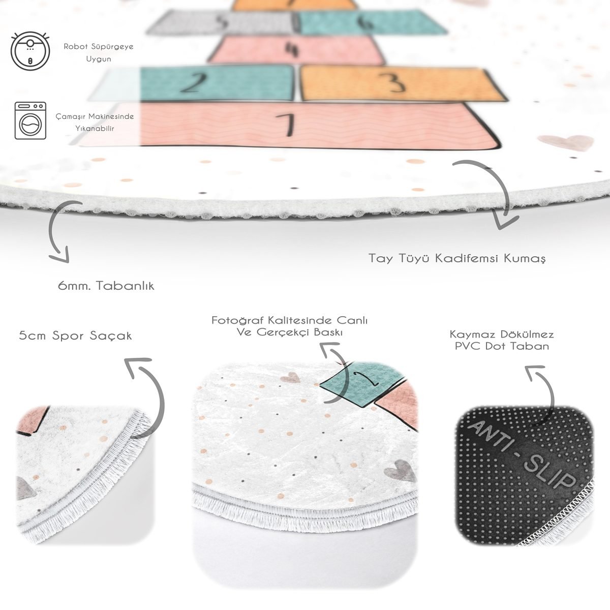Renkli Seksek Temalı Eğitici Oyun Çizimli Çocuk & Genç Odası Makinede Yıkanabilir Kaymaz Tabanlı Püsküllü Yuvarlak Çocuk Oyun Halısı Realhomes