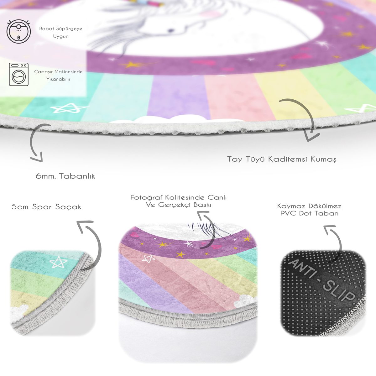 Renkli Çizgili Unicorn Temalı Çocuk & Genç Odası Makinede Yıkanabilir Kaymaz Tabanlı Püsküllü Yuvarlak Çocuk Halısı Realhomes