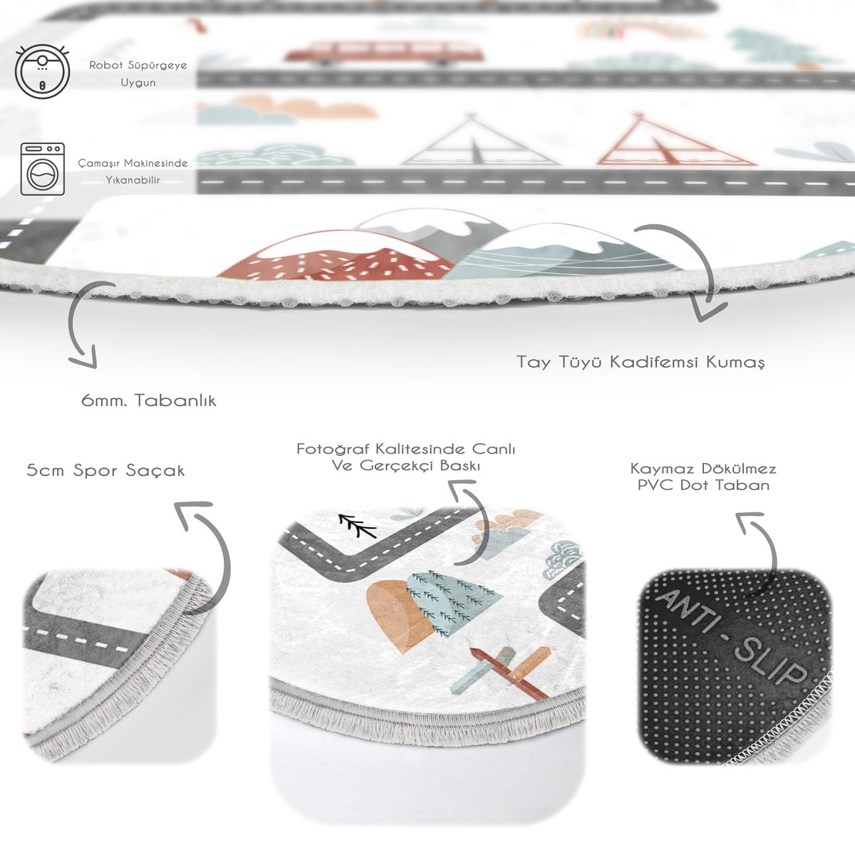 Oyuncak Araba Yolu Motifli Çocuk & Genç Odası Makinede Yıkanabilir Kaymaz Tabanlı Püsküllü Yuvarlak Çocuk Oyun Halısı Realhomes