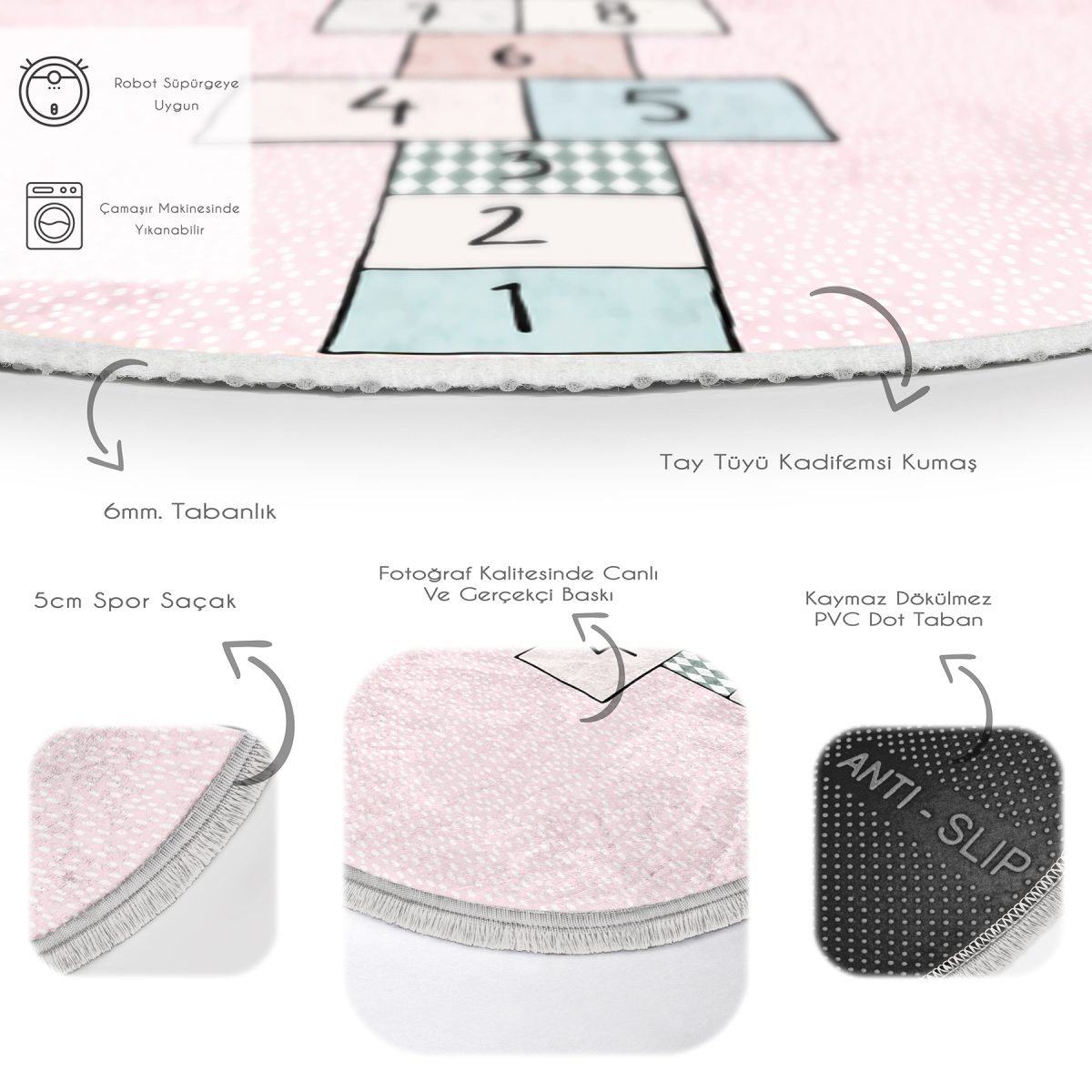Sevimli Tavşan Pembe Temalı Seksek Tasarım Çocuk & Genç Odası Makinede Yıkanabilir Kaymaz Tabanlı Püsküllü Yuvarlak Çocuk Oyun Halısı Realhomes