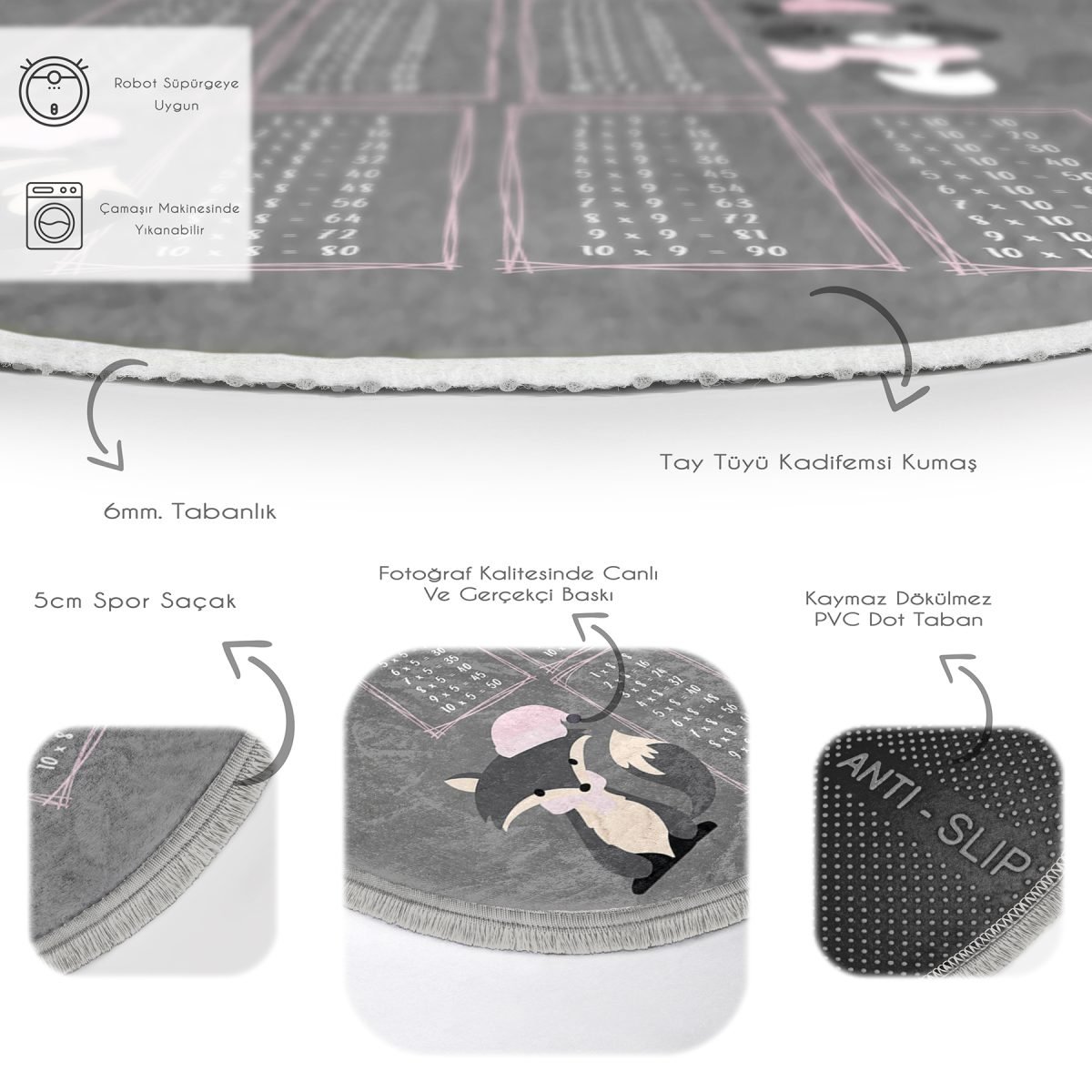 Gri Zeminli Eğitici Çarpım Tablosu Çizimli Çocuk & Genç Odası Makinede Yıkanabilir Kaymaz Tabanlı Püsküllü Yuvarlak Çocuk Oyun Halısı Realhomes