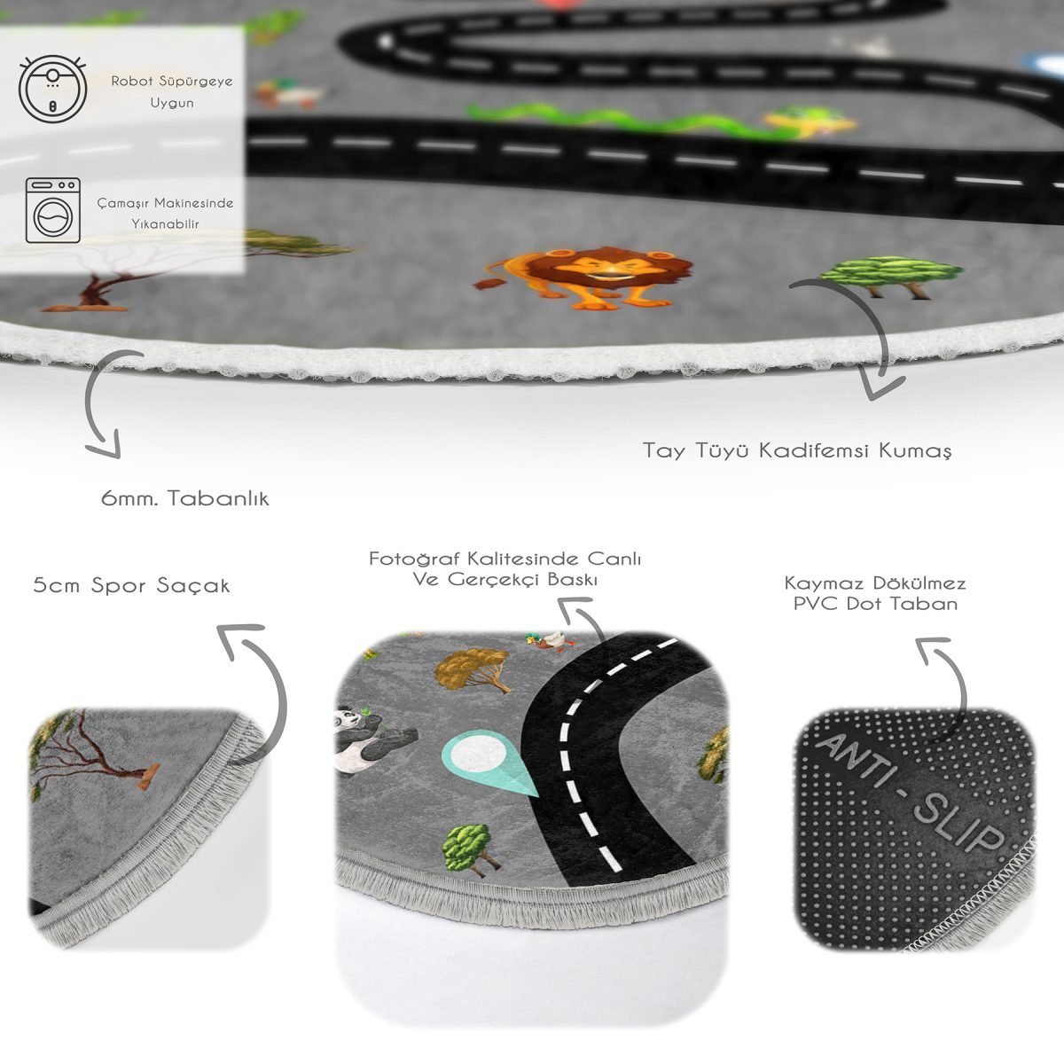 Gri Zemin Konumlu Eğitici Oyun Motifli Çocuk & Genç Odası Makinede Yıkanabilir Kaymaz Tabanlı Püsküllü Yuvarlak Çocuk Oyun Halısı Realhomes