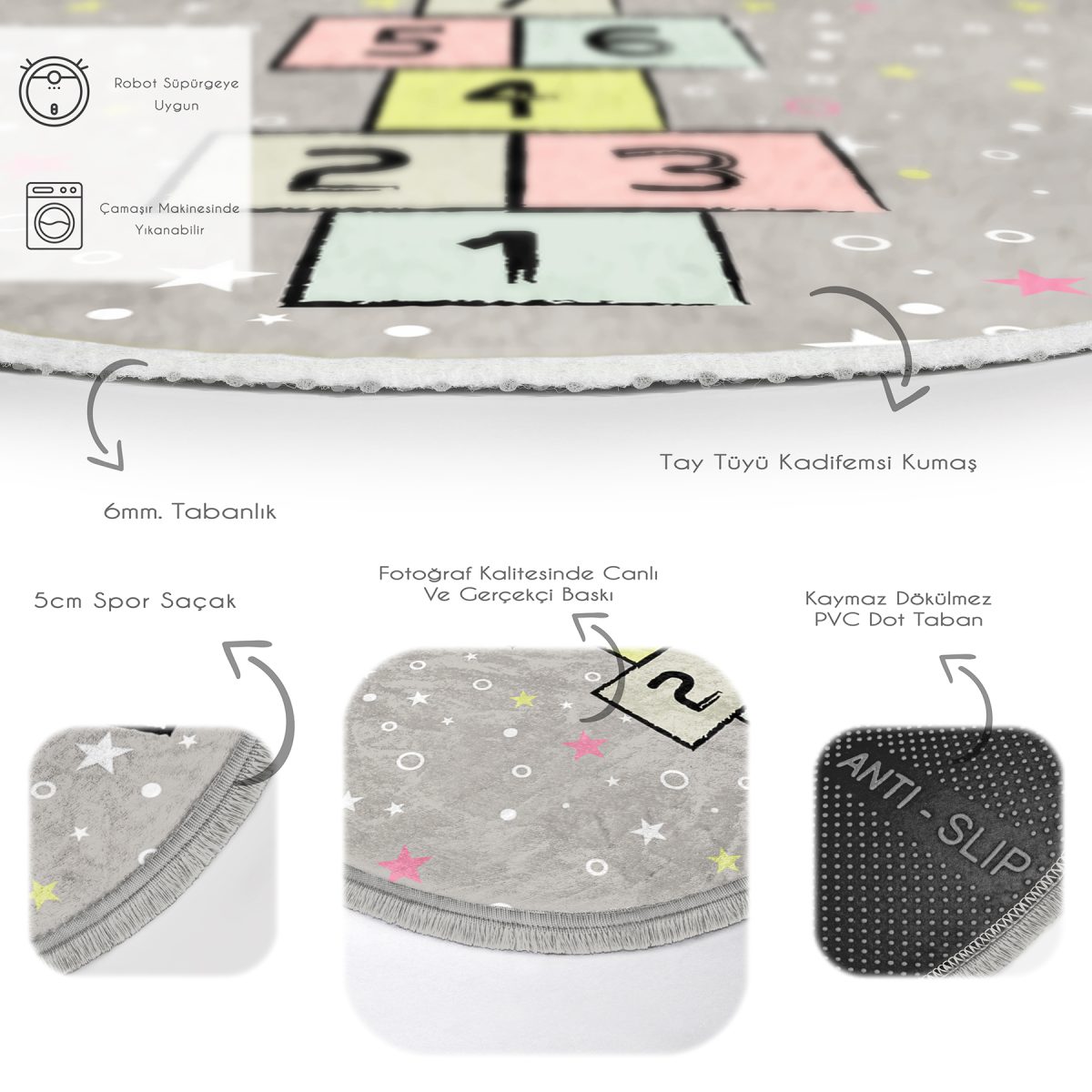 Gri Zemin Renkli Seksek Motifli Çocuk & Genç Odası Makinede Yıkanabilir Kaymaz Tabanlı Püsküllü Yuvarlak Çocuk Oyun Halısı Realhomes