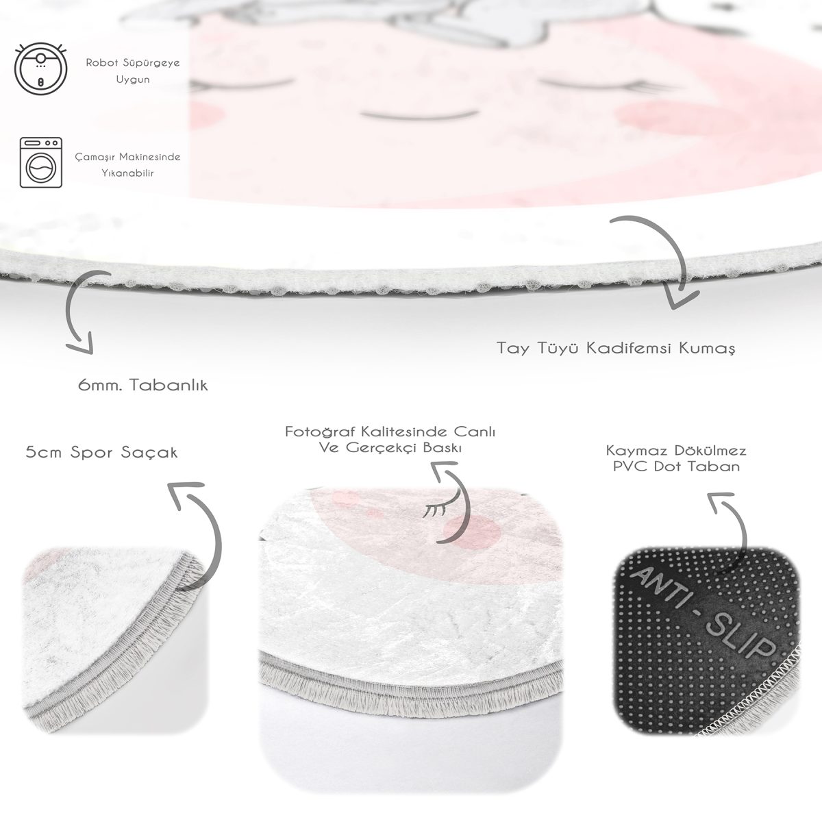 Pembe Ay Sevimli Fil Tasarımlı Çocuk & Genç Odası Makinede Yıkanabilir Kaymaz Tabanlı Püsküllü Yuvarlak Çocuk Halısı Realhomes