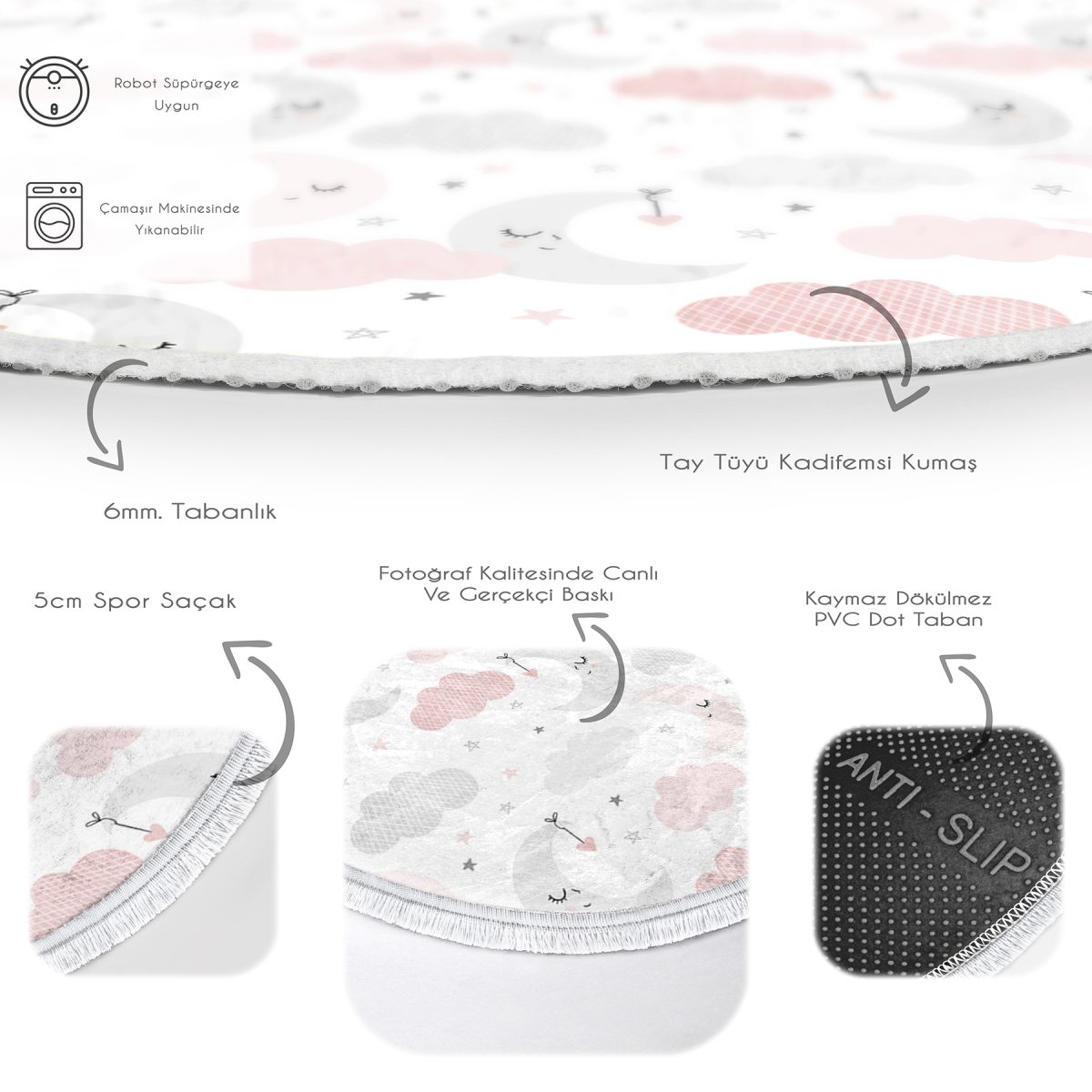 Renkli Ay Bulut Motifli Çocuk & Genç Odası Makinede Yıkanabilir Kaymaz Tabanlı Püsküllü Yuvarlak Çocuk Halısı Realhomes