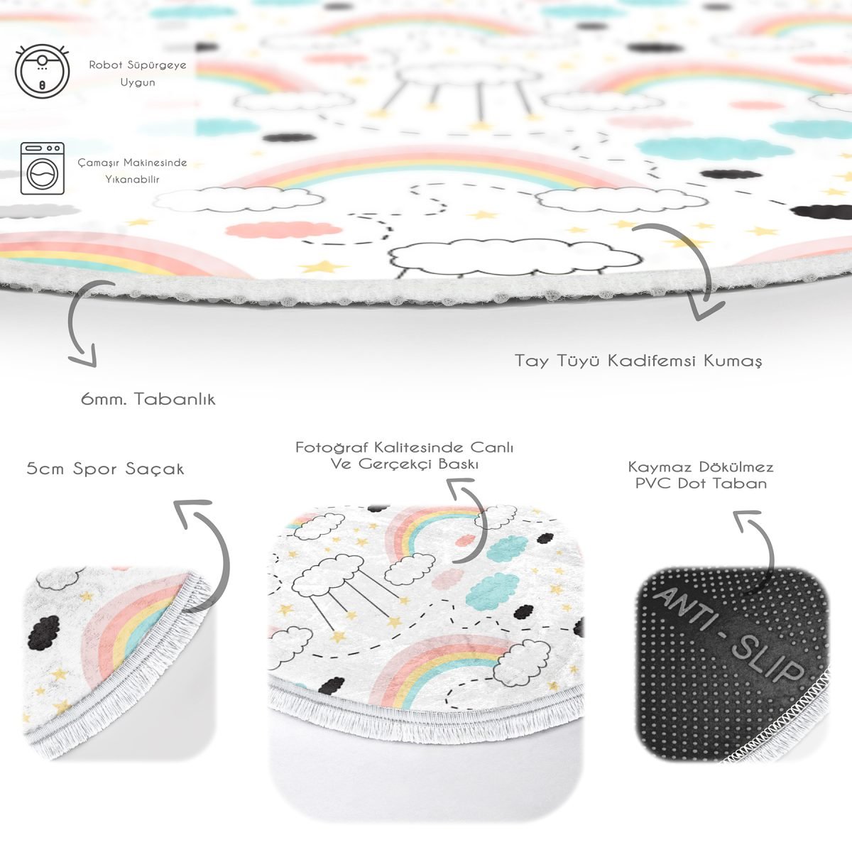 Gökkuşağı Motifli Çocuk & Genç Odası Makinede Yıkanabilir Kaymaz Tabanlı Püsküllü Yuvarlak Çocuk Halısı Realhomes