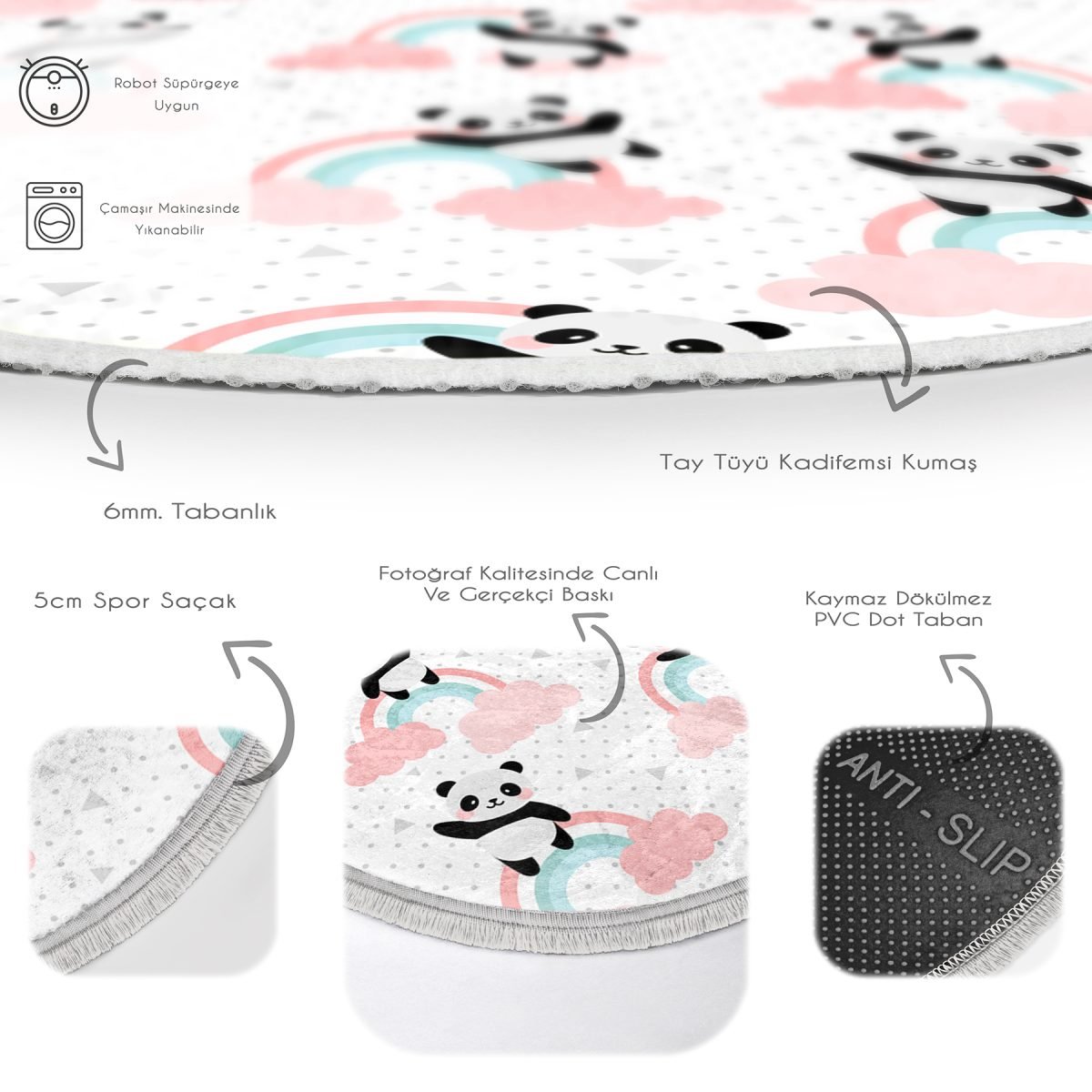 Gökkuşağı Ve Panda Çocuk & Genç Odası Makinede Yıkanabilir Kaymaz Tabanlı Püsküllü Yuvarlak Çocuk Halısı Realhomes