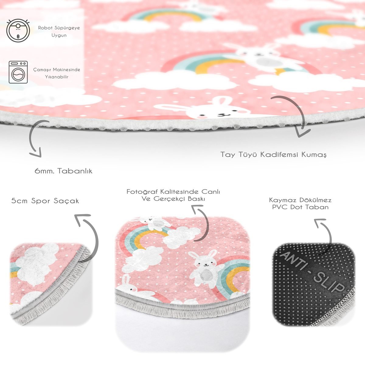 Gökkuşağı Ve Sevimli Tavşan Çocuk & Genç Odası Makinede Yıkanabilir Kaymaz Tabanlı Püsküllü Yuvarlak Çocuk Halısı Realhomes