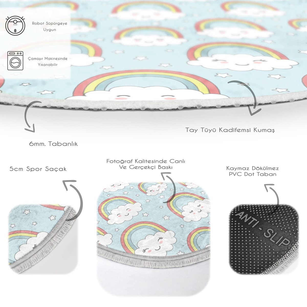 Sevimli Bulutlar Ve Gökkuşağı Motifli Çocuk & Genç Odası Makinede Yıkanabilir Kaymaz Tabanlı Püsküllü Yuvarlak Çocuk Halısı Realhomes