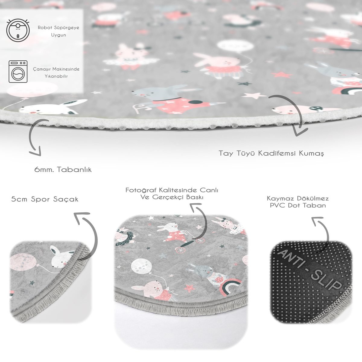 Gri Zeminde Sevimli Tavşanlar Çocuk & Genç Odası Makinede Yıkanabilir Kaymaz Tabanlı Püsküllü Yuvarlak Çocuk Halısı Realhomes