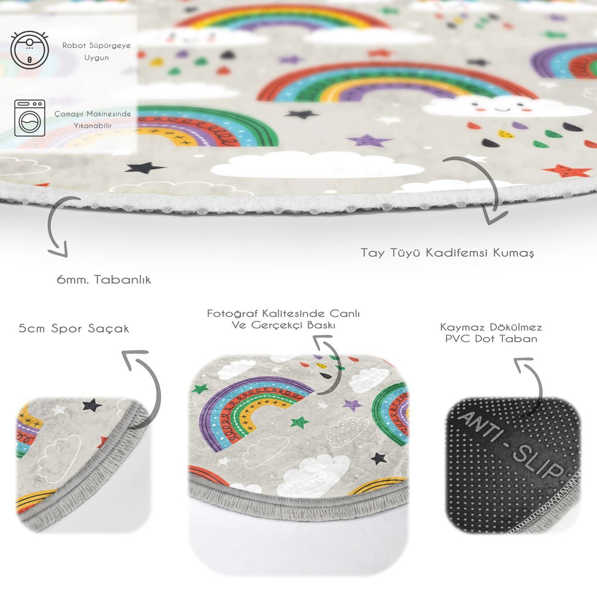 Gökkuşağı Ve Bulut Temalı Çocuk & Genç Odası Makinede Yıkanabilir Kaymaz Tabanlı Püsküllü Yuvarlak Çocuk Halısı Realhomes