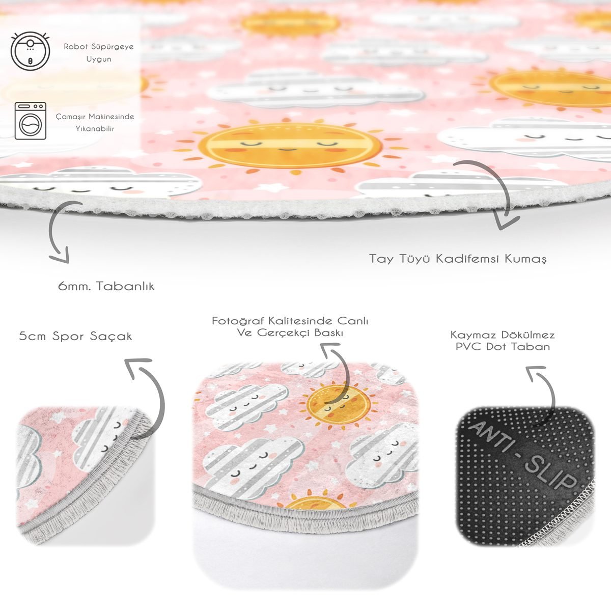Pembe Zeminde Güneş Ve Bulut Motifli Çocuk & Genç Odası Makinede Yıkanabilir Kaymaz Tabanlı Püsküllü Yuvarlak Çocuk Halısı Realhomes