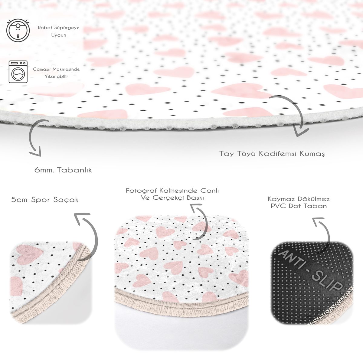 Puanlı Zeminde Pembe Kalpler Çocuk & Genç Odası Makinede Yıkanabilir Kaymaz Tabanlı Püsküllü Yuvarlak Çocuk Halısı Realhomes