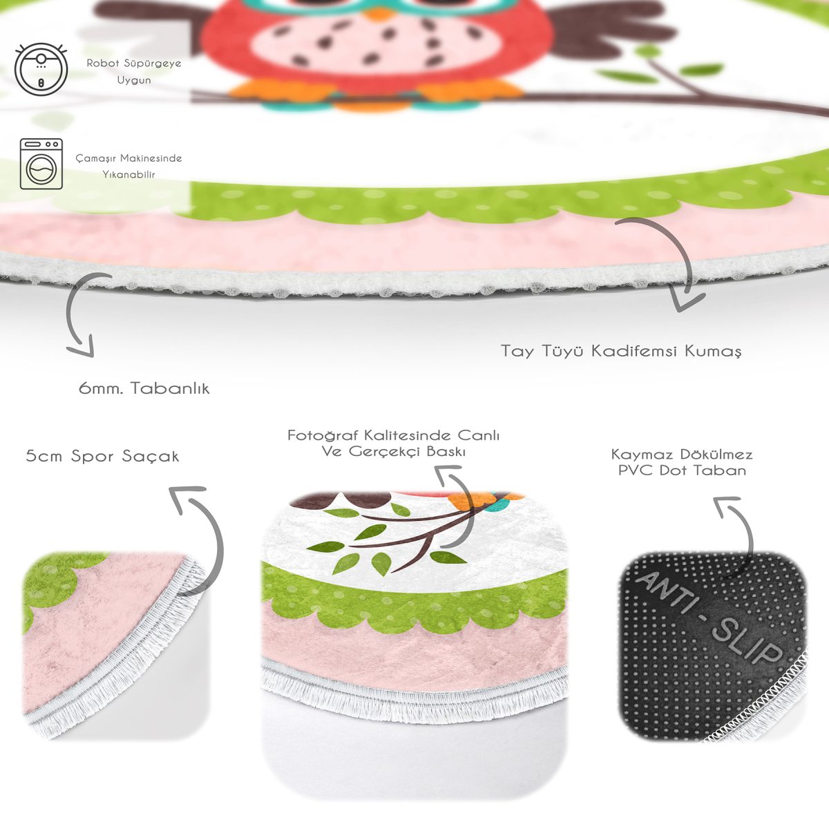 Baykuş Desenli Çocuk & Genç Odası Makinede Yıkanabilir Kaymaz Tabanlı Püsküllü Yuvarlak Çocuk Halısı Realhomes