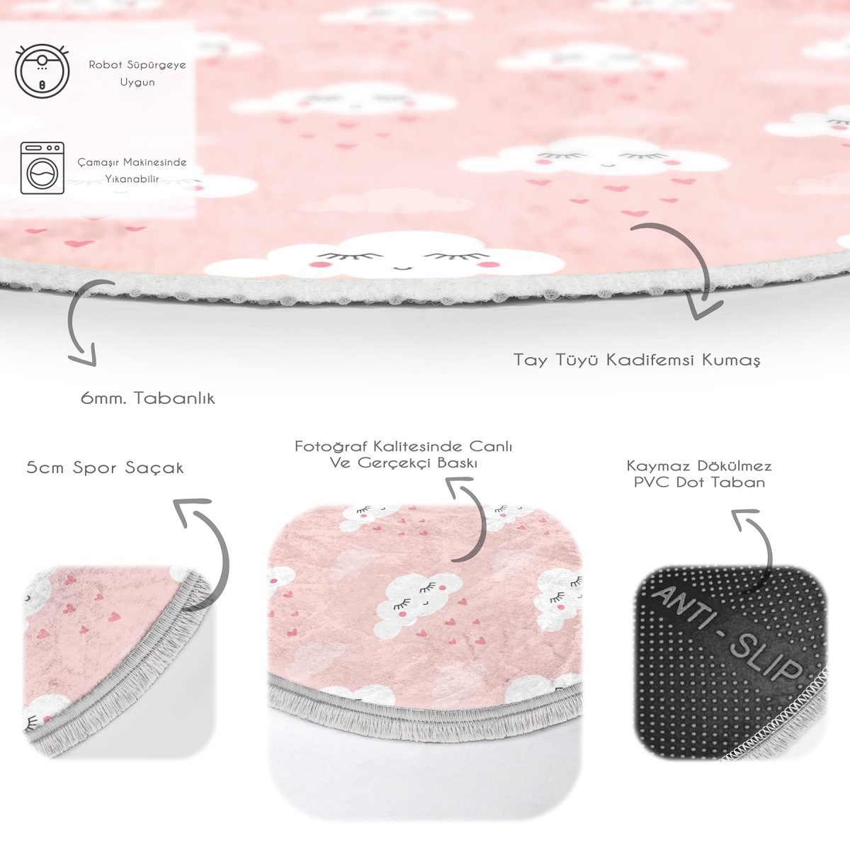 Bulut Desenli Çocuk & Genç Odası Makinede Yıkanabilir Kaymaz Tabanlı Püsküllü Yuvarlak Çocuk Halısı Realhomes