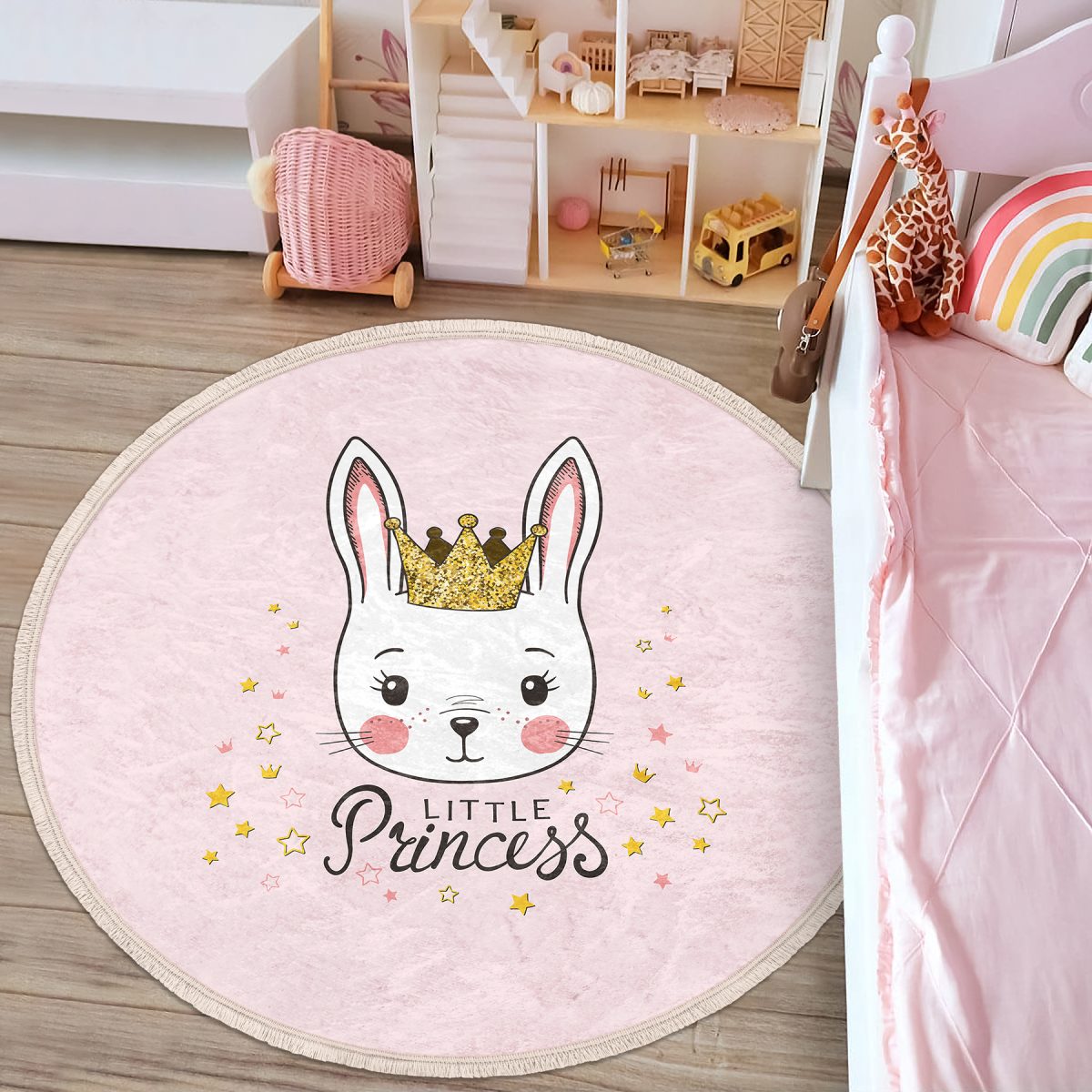 Pembe Zeminli Little Princess Desenli Çocuk & Genç Odası Makinede Yıkanabilir Kaymaz Tabanlı Püsküllü Yuvarlak Çocuk Halısı Realhomes